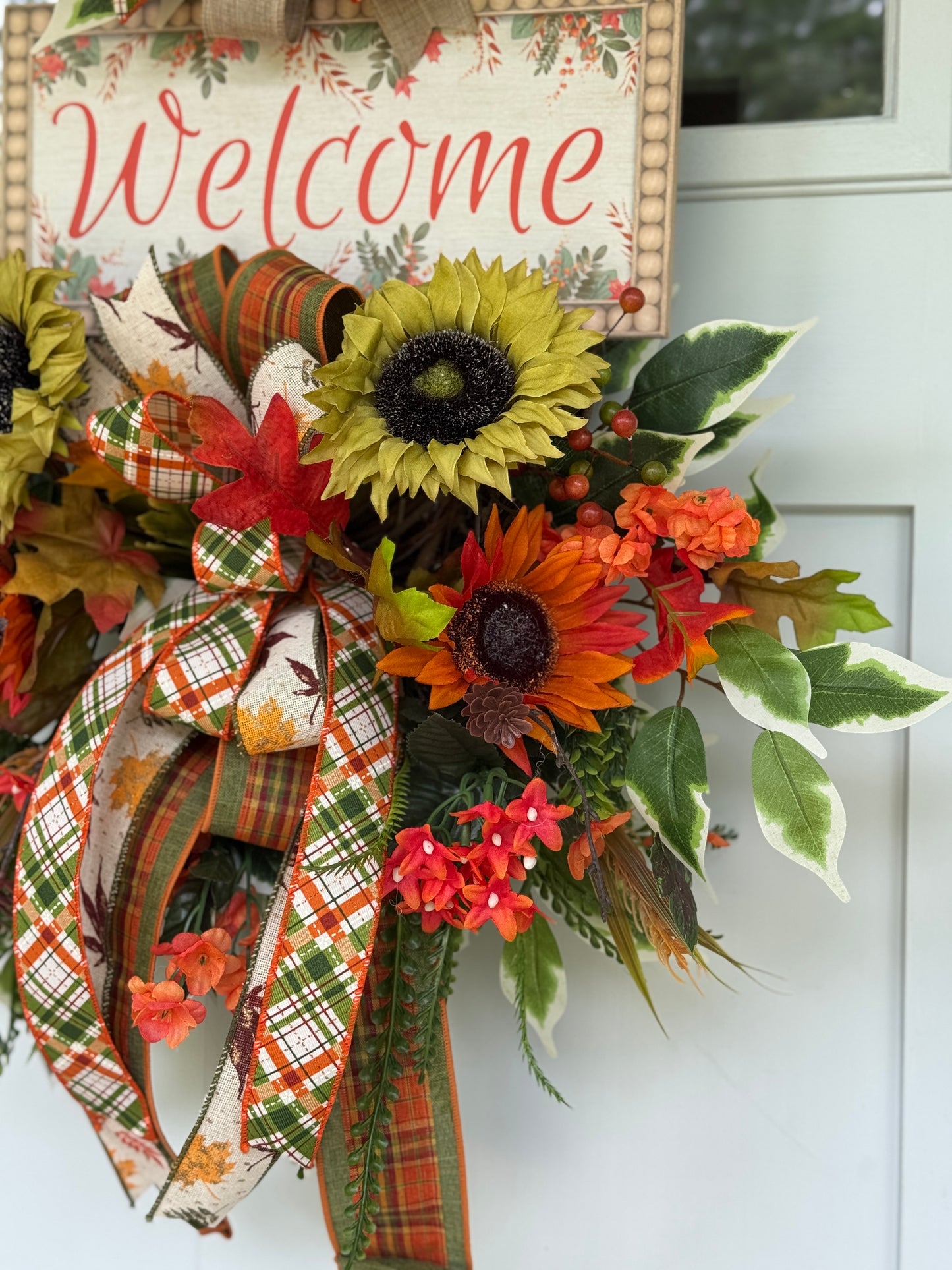 Autumn Welcome Door Wreath with Sunflowers and Plaid Ribbon