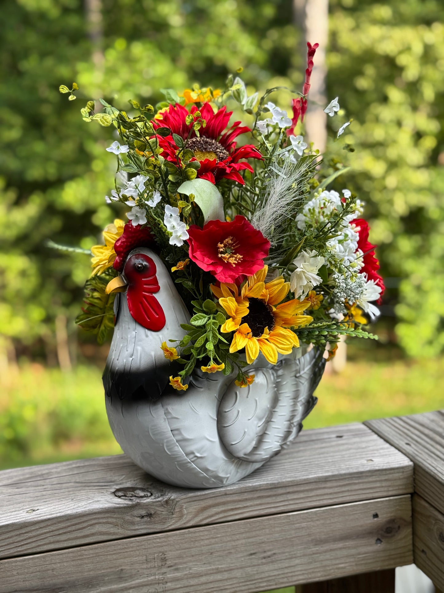 Colorful Rooster Planter with Floral Arrangement