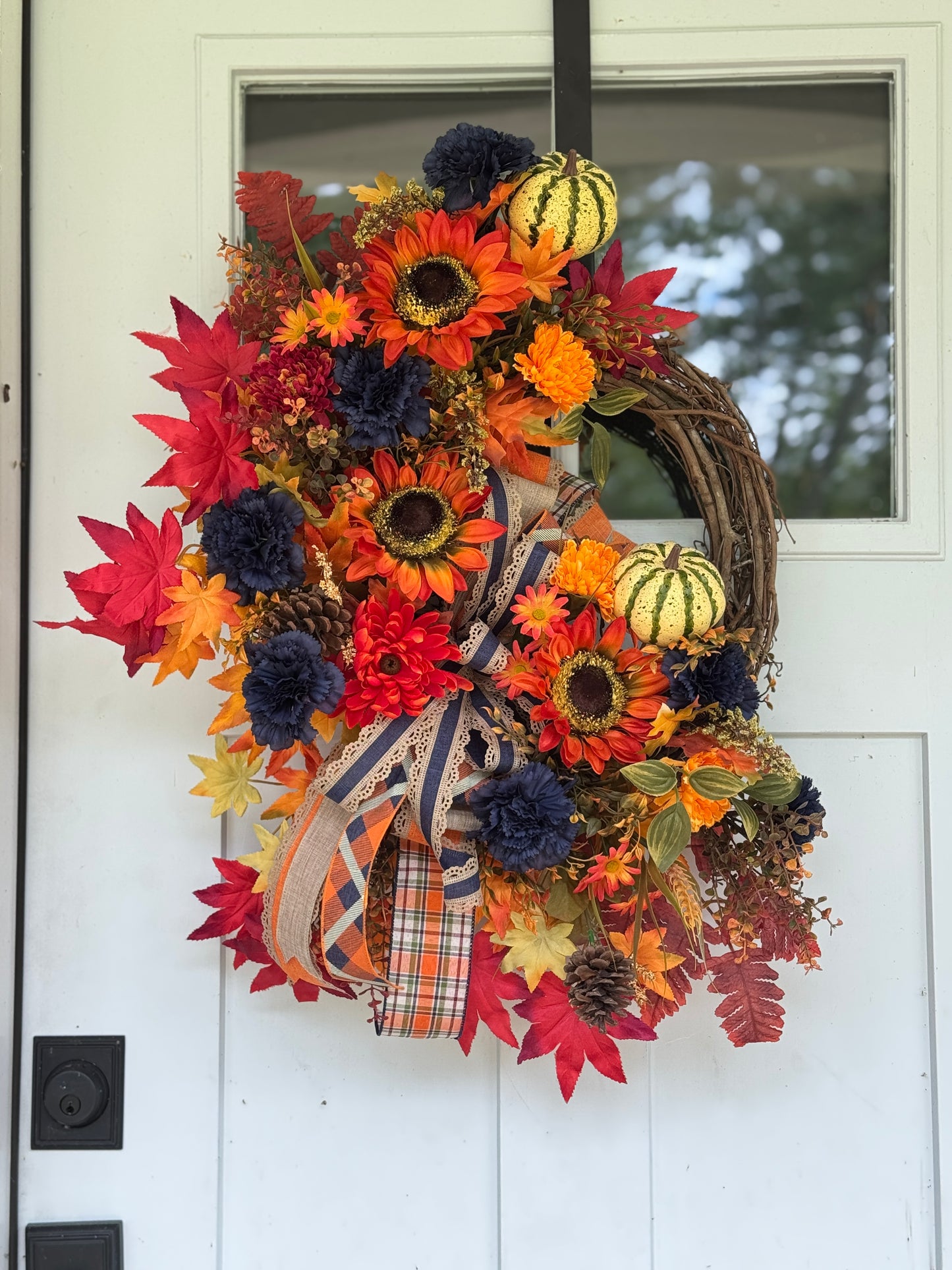 Orange and Navy Blue Autumn Floral Wreath
