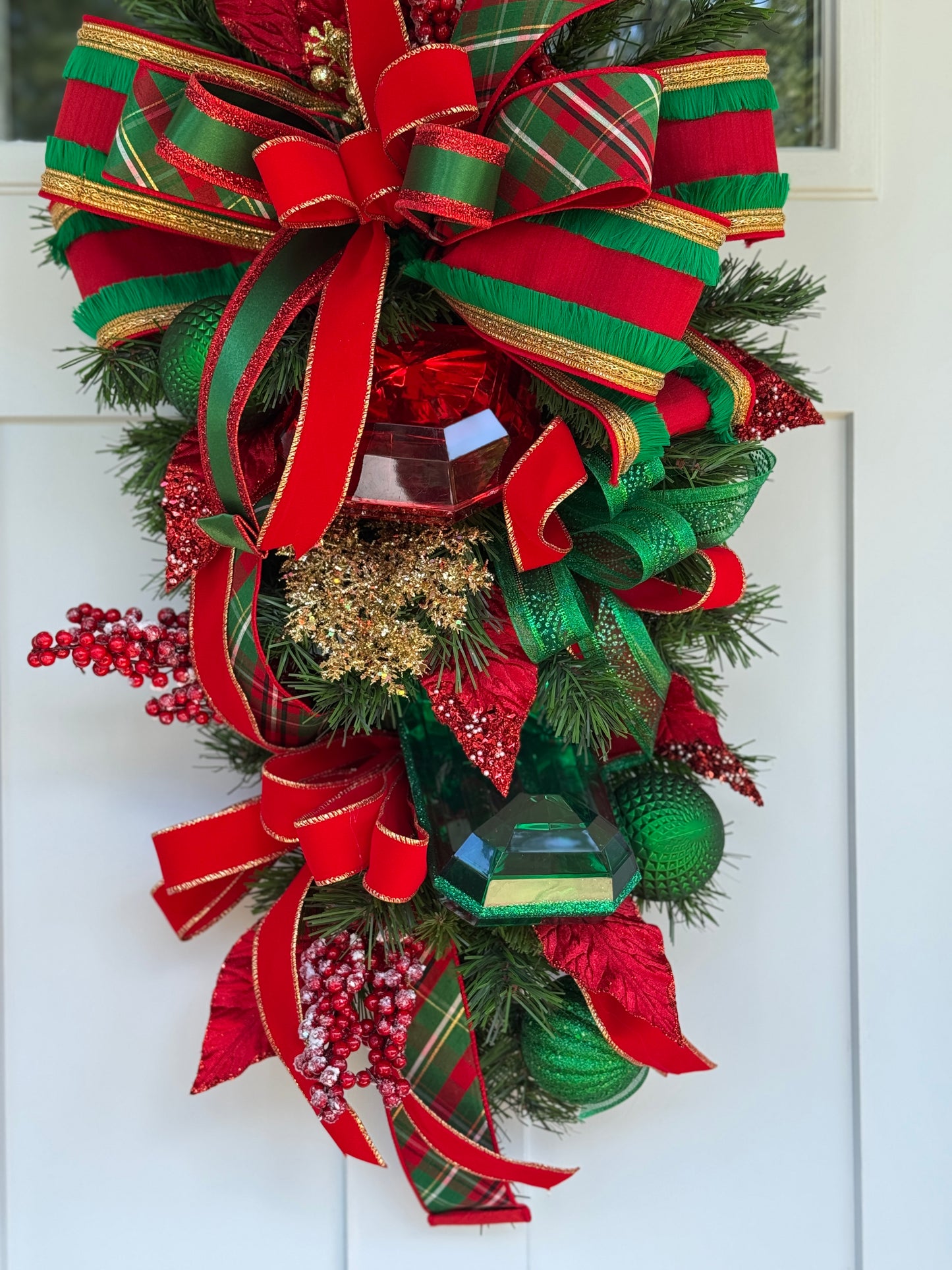 Festive Red and Green Jewel Winter/Holiday Door Swag