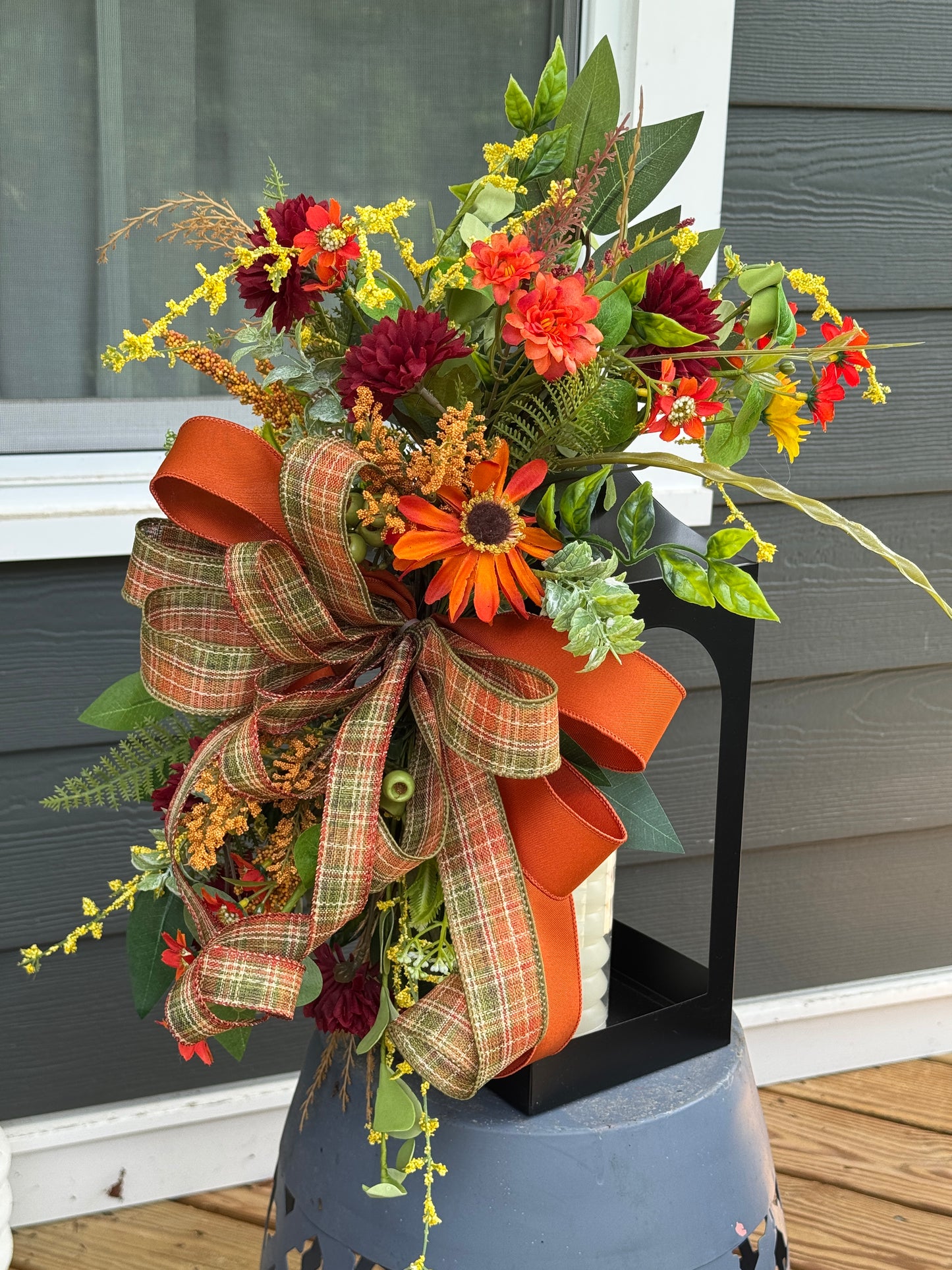 Autumn Floral Arrangement on Black Metal Lantern