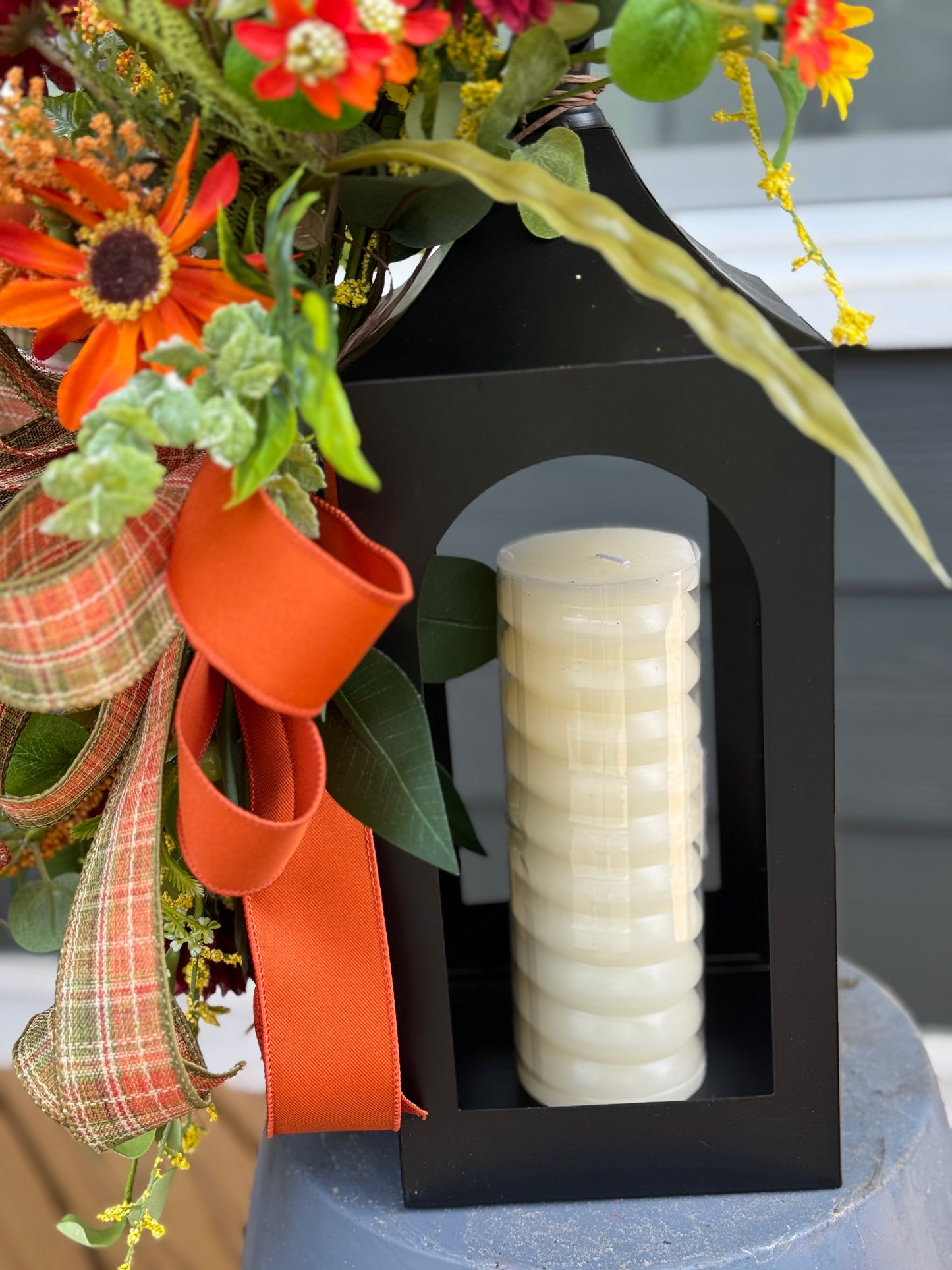 Autumn Floral Arrangement on Black Metal Lantern