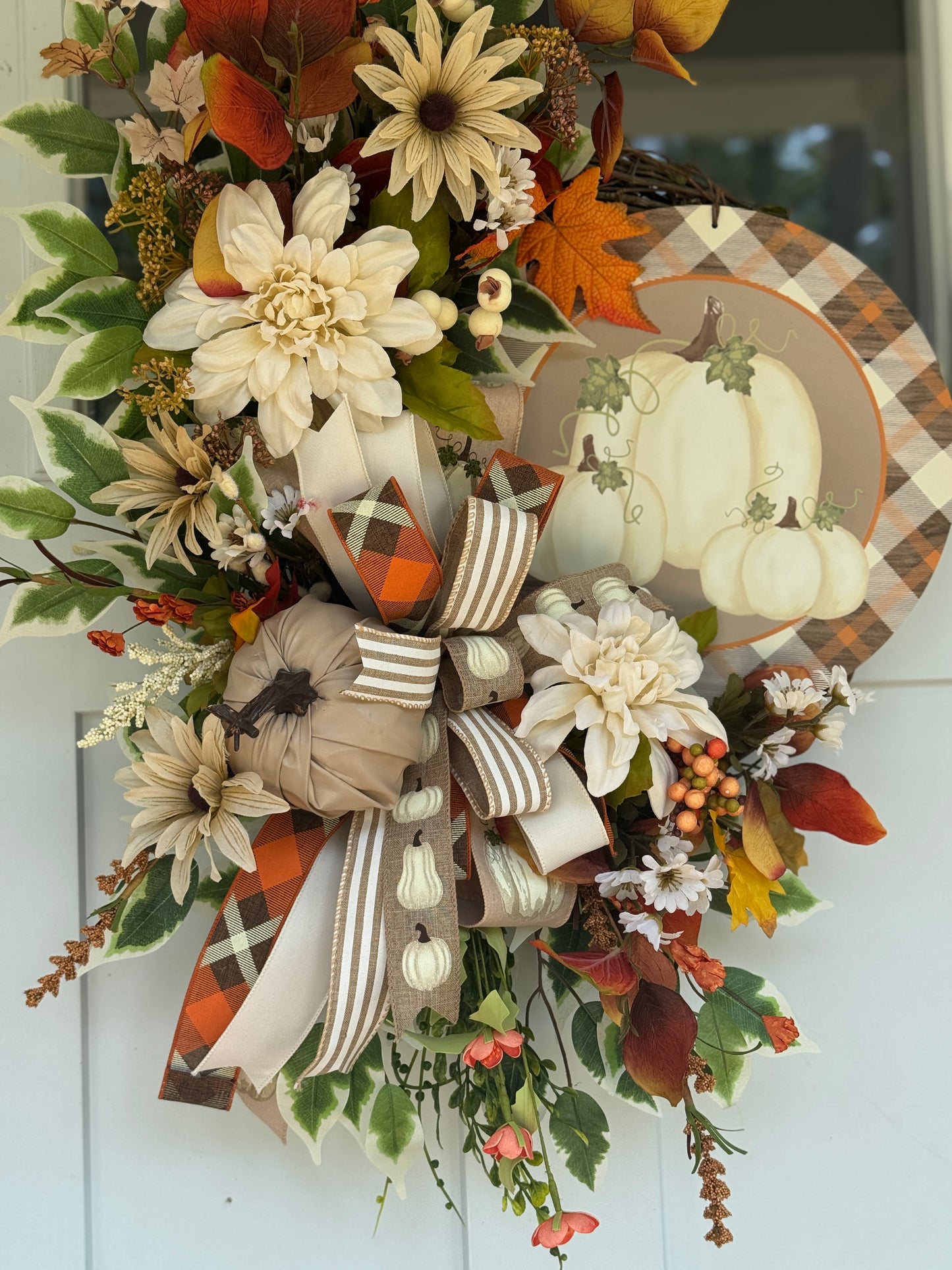 Neutral Autumn Floral Pumpkin Wreath