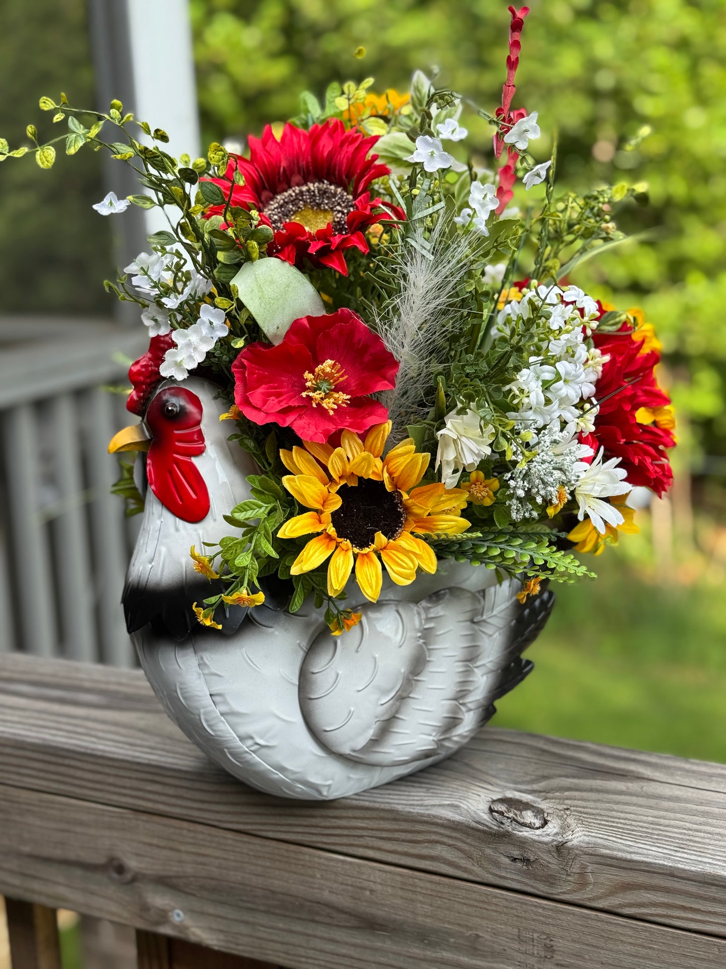 Colorful Rooster Planter with Floral Arrangement
