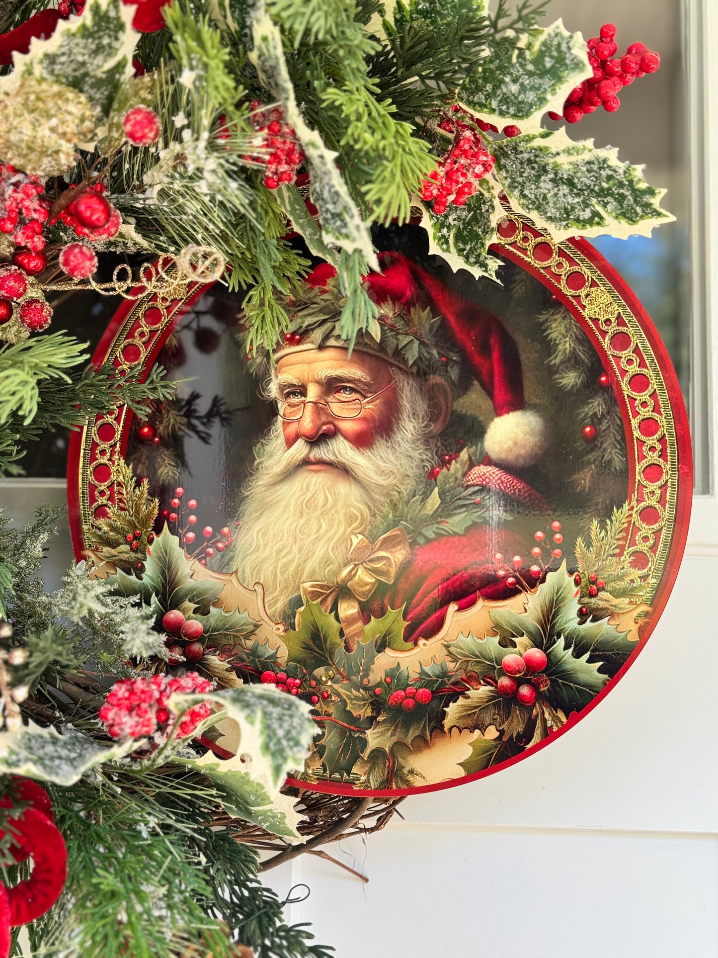 Vintage Inspired Santa Christmas Wreath Red and Gold
