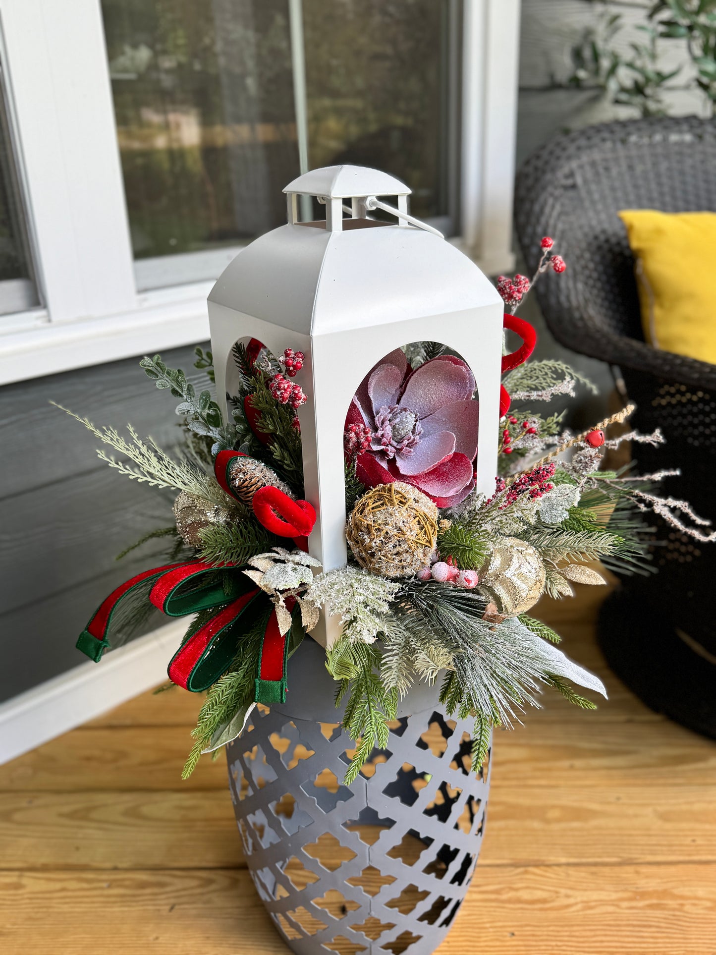 Small White Winter Lantern Floral Arrangement