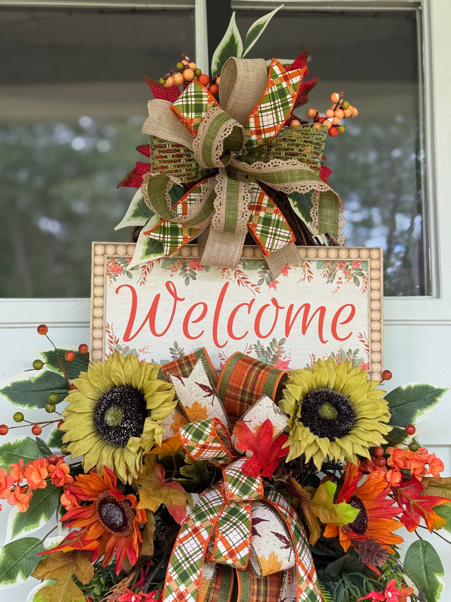 Autumn Welcome Door Wreath with Sunflowers and Plaid Ribbon