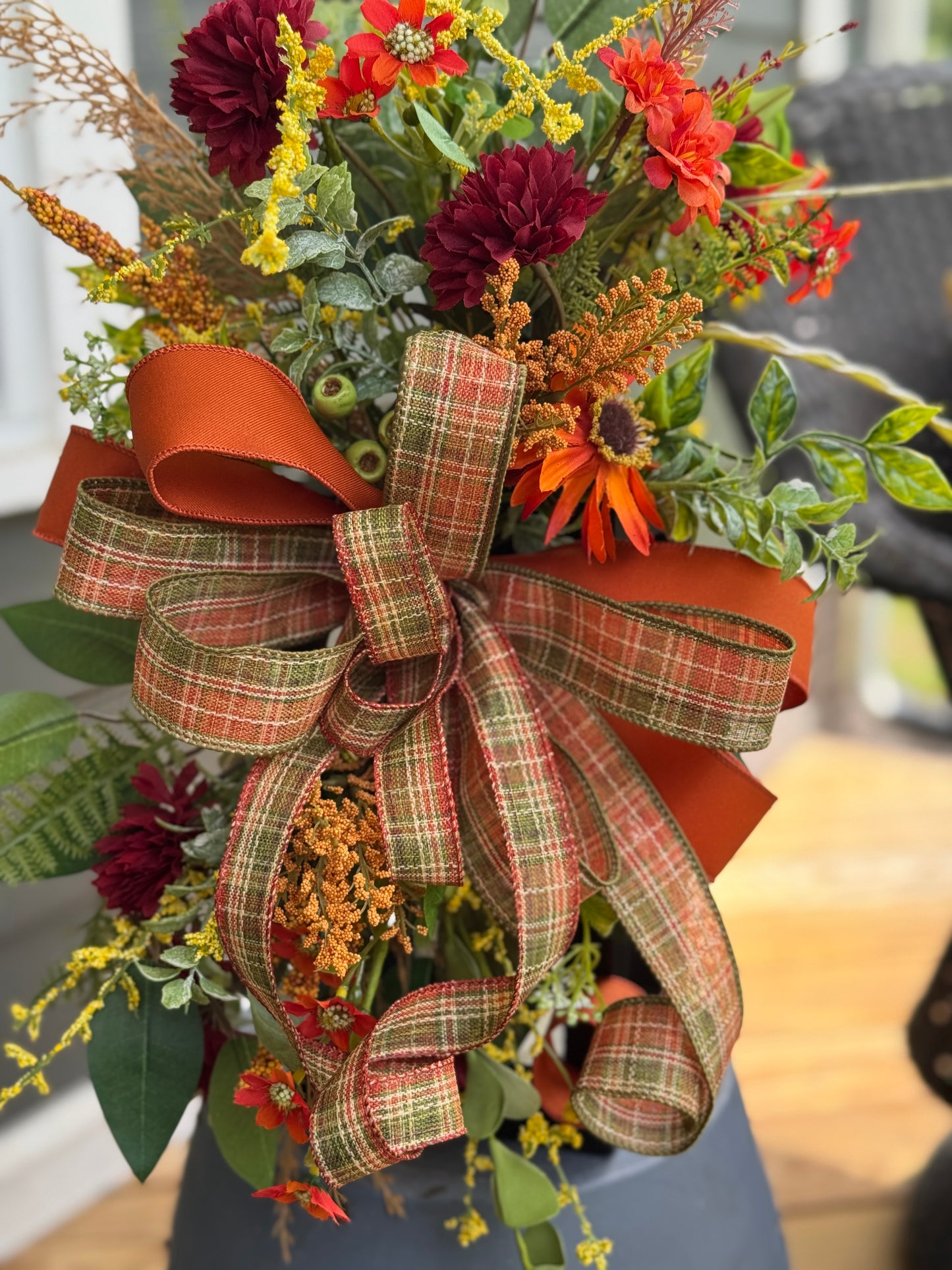 Autumn Floral Arrangement on Black Metal Lantern