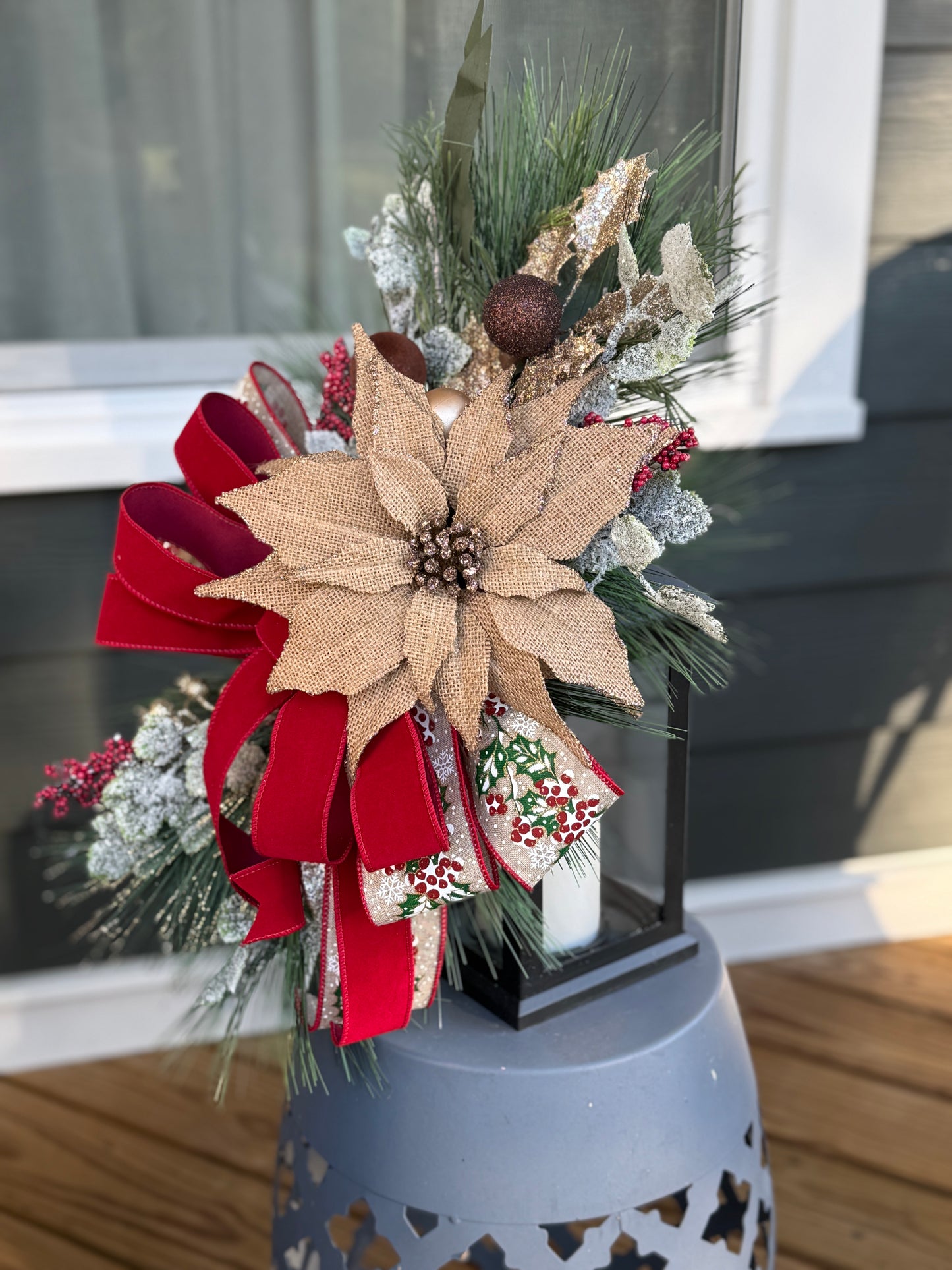 Burlap Poinsettia Lantern Decor