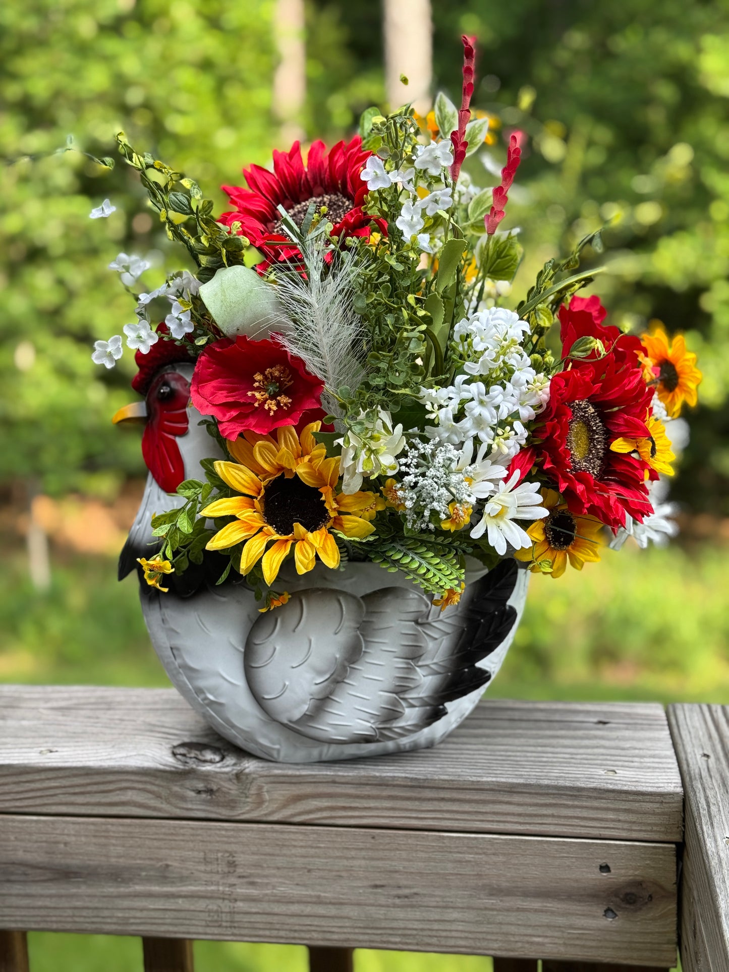 Colorful Rooster Planter with Floral Arrangement