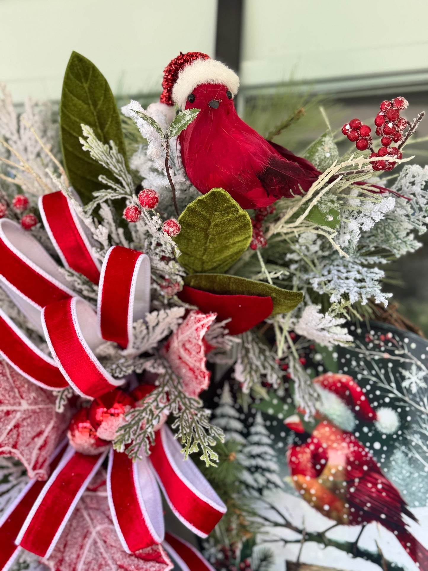 Festive Cardinal with Santa Hat Wreath