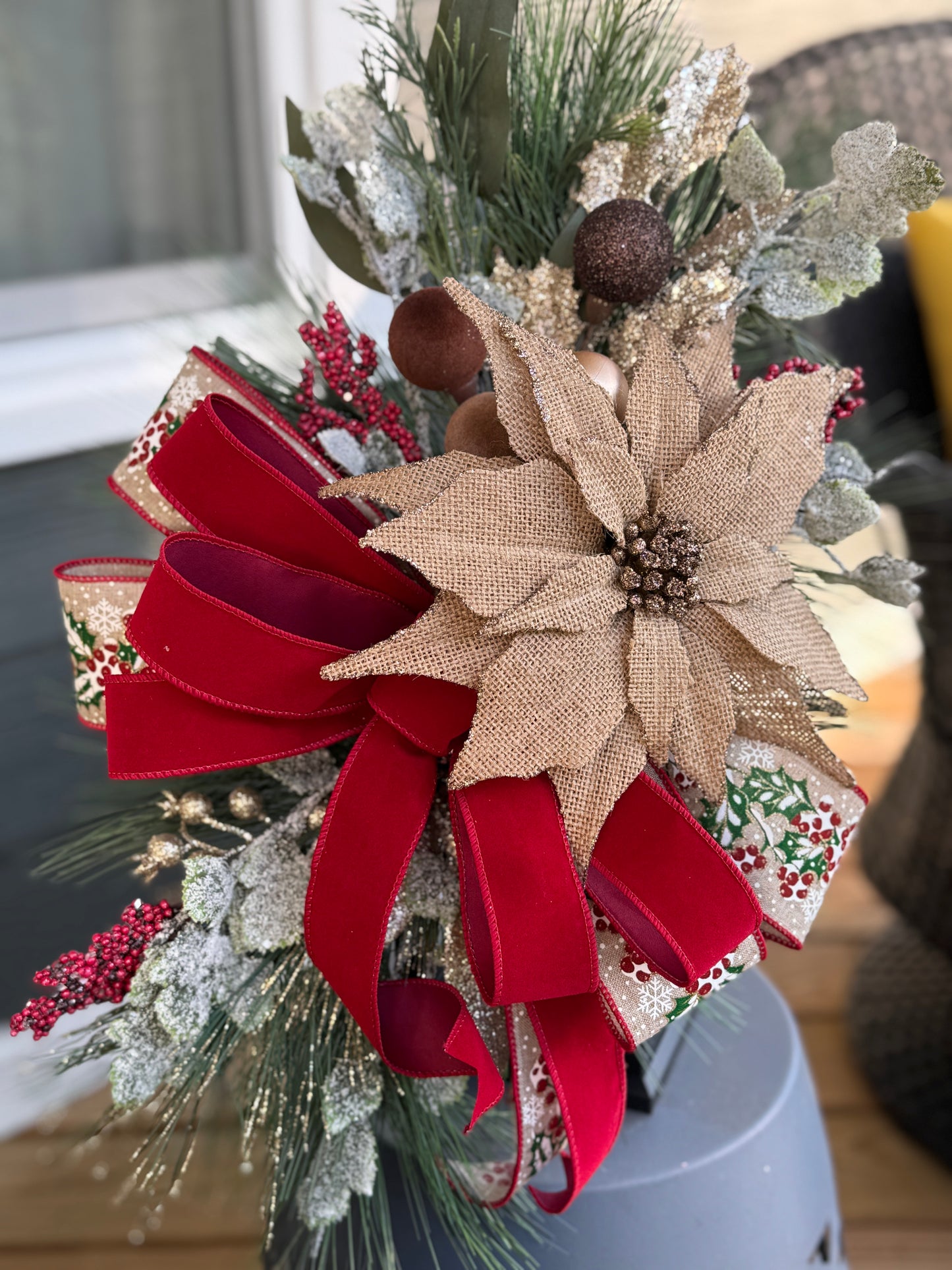 Burlap Poinsettia Lantern Decor