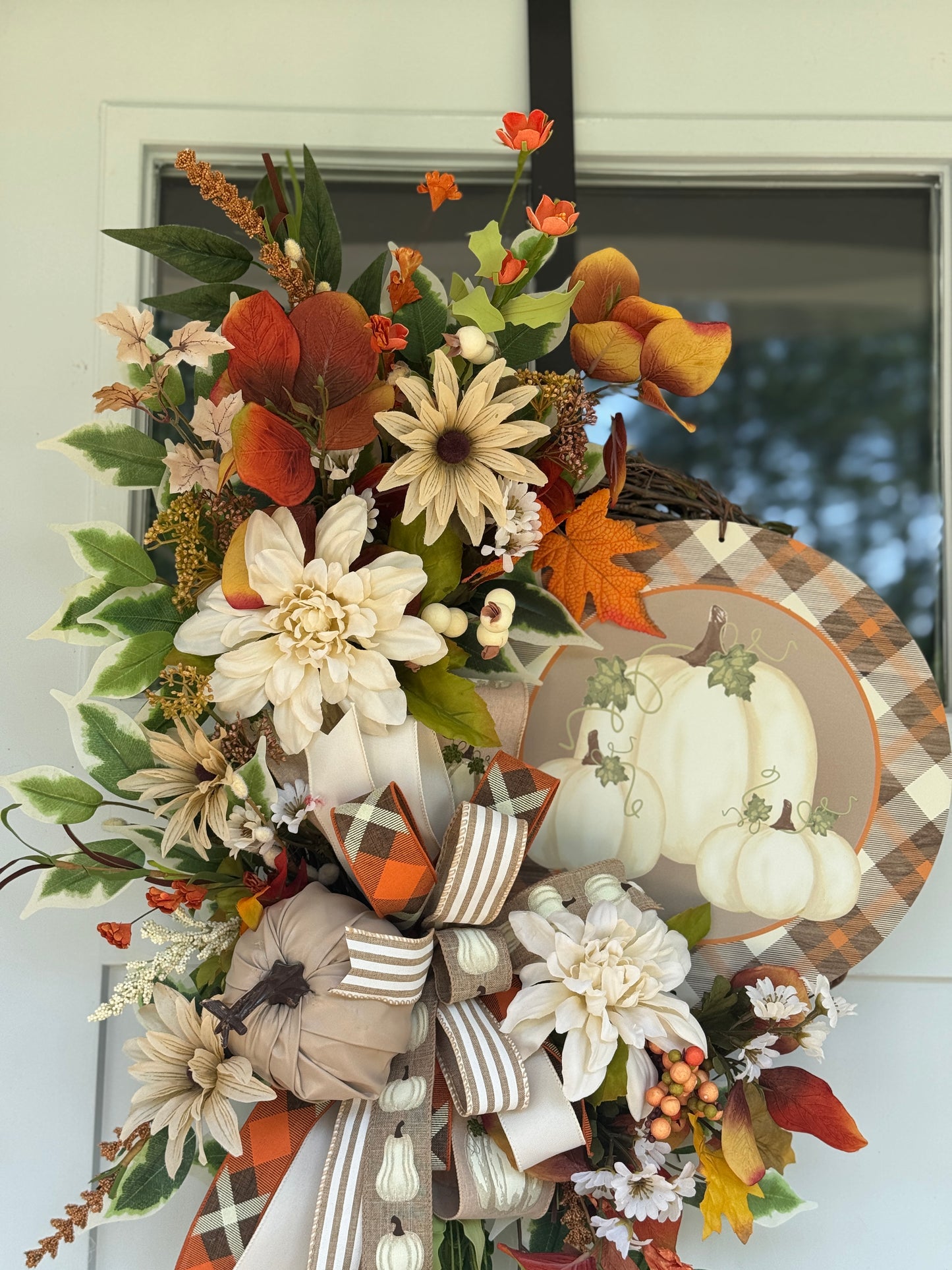 Neutral Autumn Floral Pumpkin Wreath