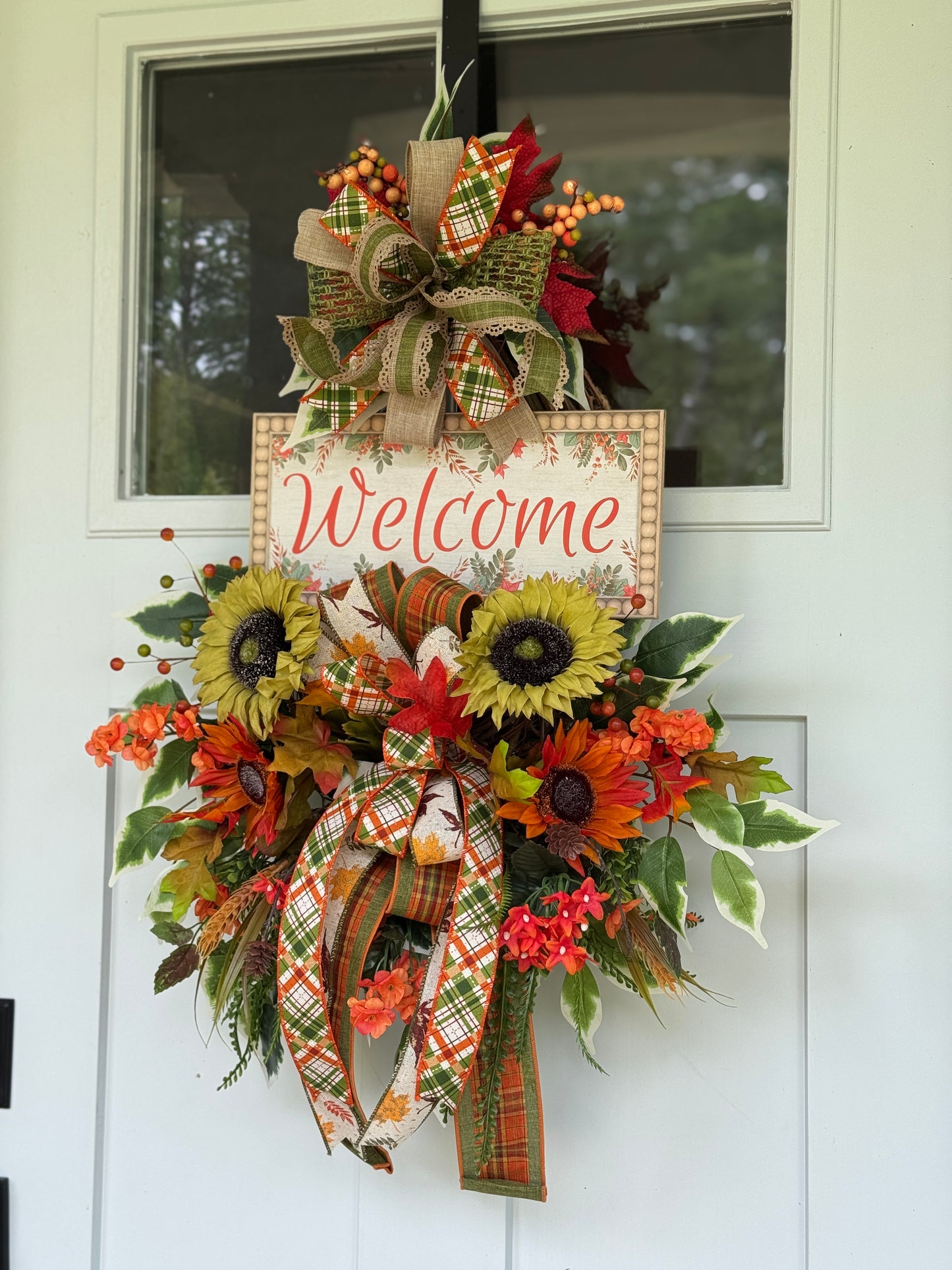 Autumn Welcome Door Wreath with Sunflowers and Plaid Ribbon