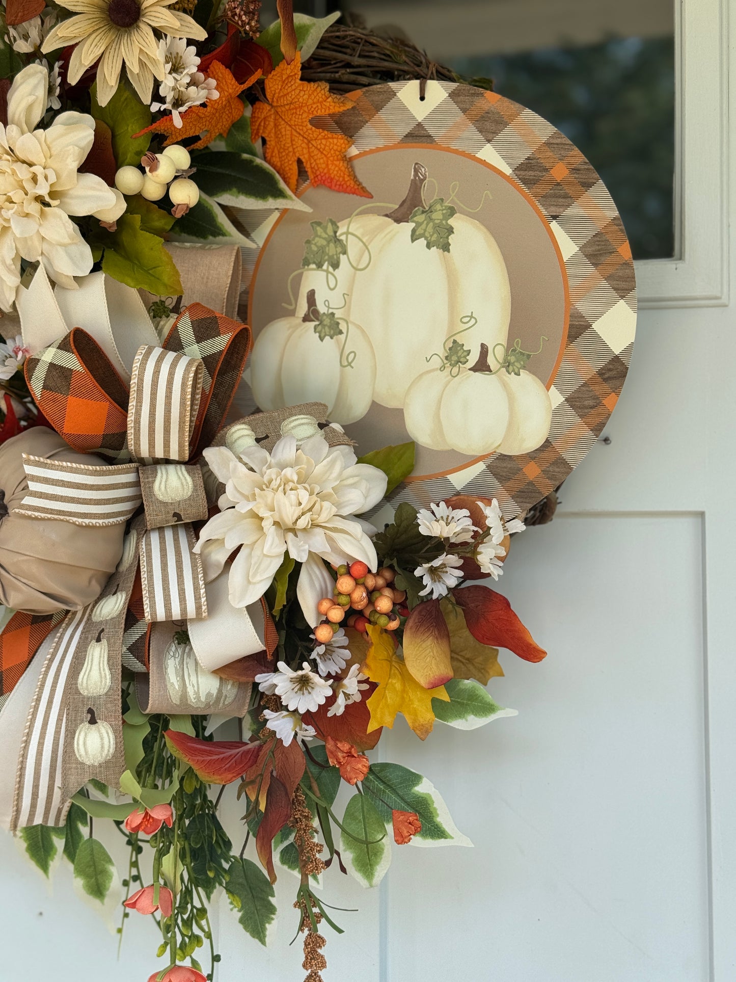 Neutral Autumn Floral Pumpkin Wreath