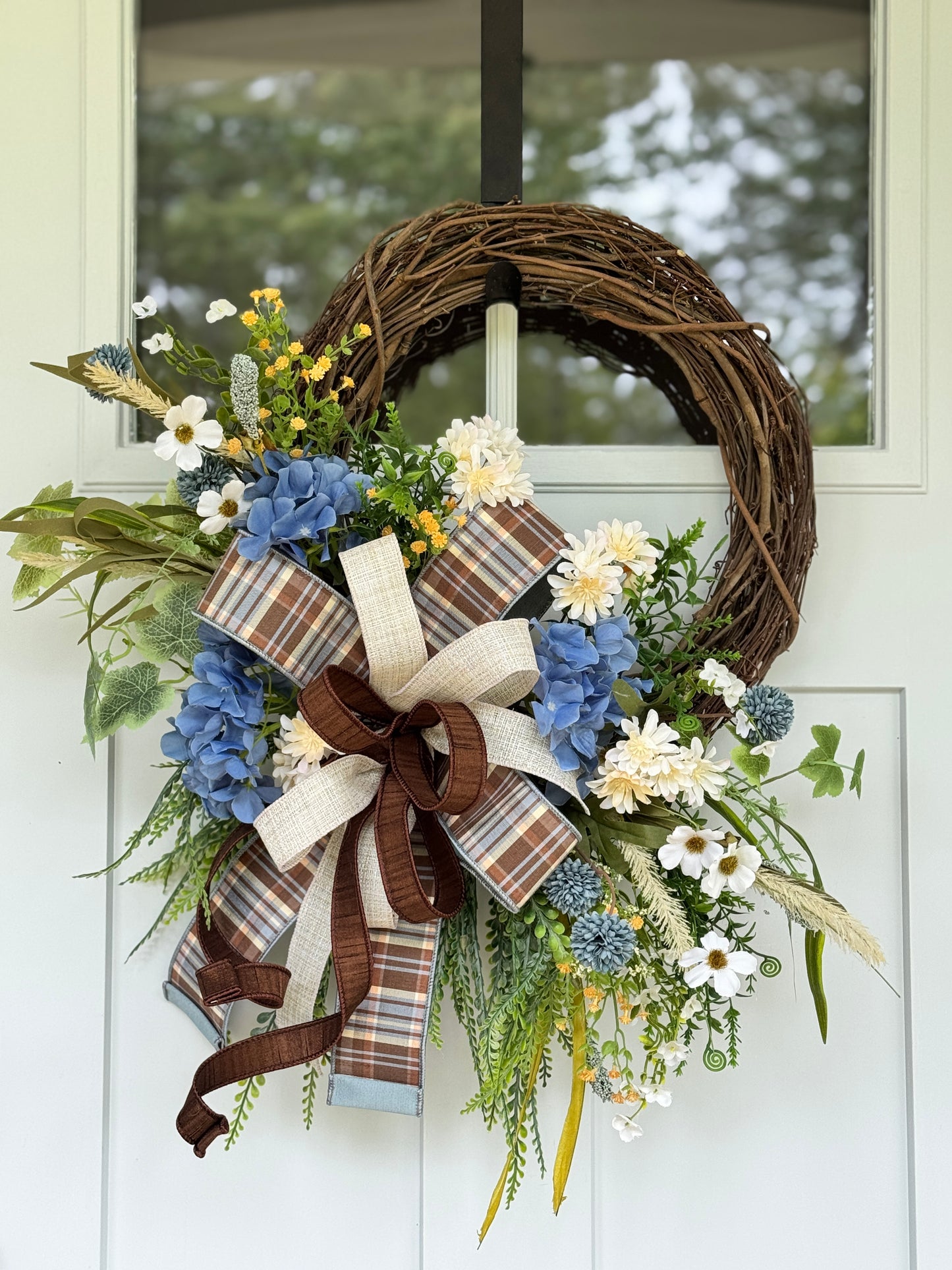 Cozy Fall Blue & Cream Floral Wreath