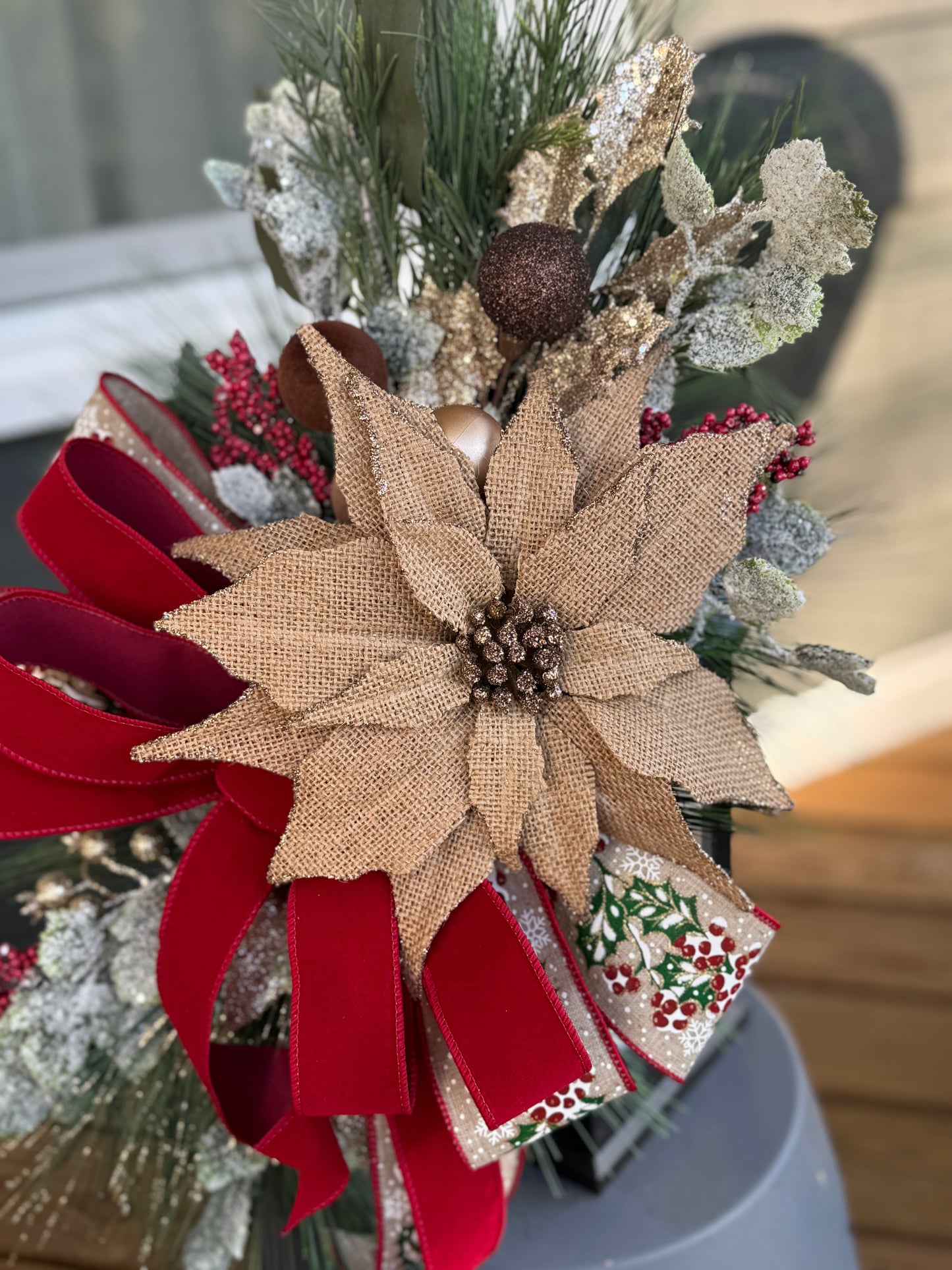 Burlap Poinsettia Lantern Decor