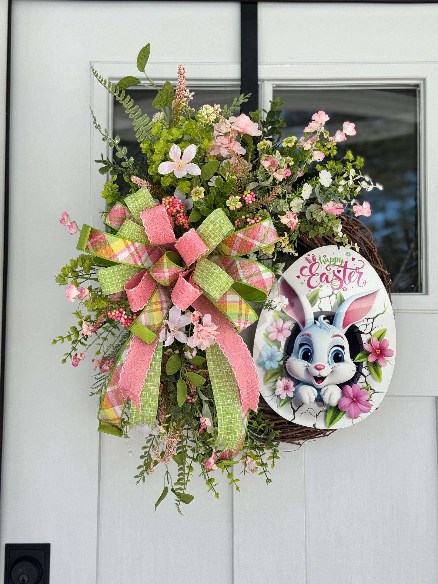 Easter Bunny Floral Wreath with Pink and Green Accents