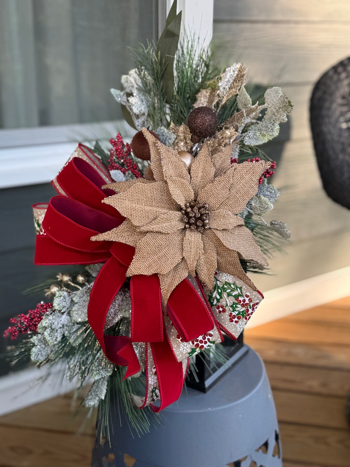 Burlap Poinsettia Lantern Decor