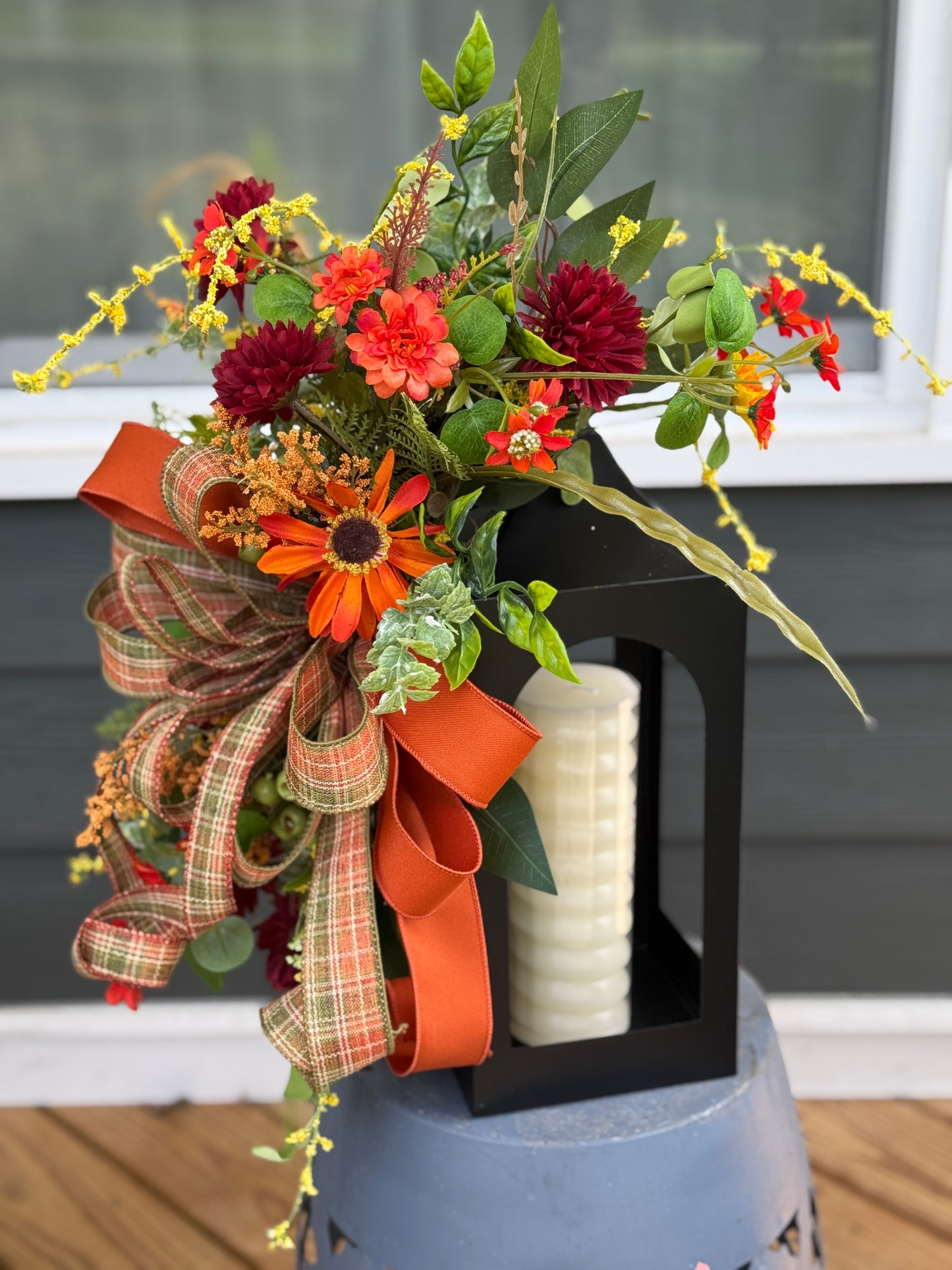 Autumn Floral Arrangement on Black Metal Lantern