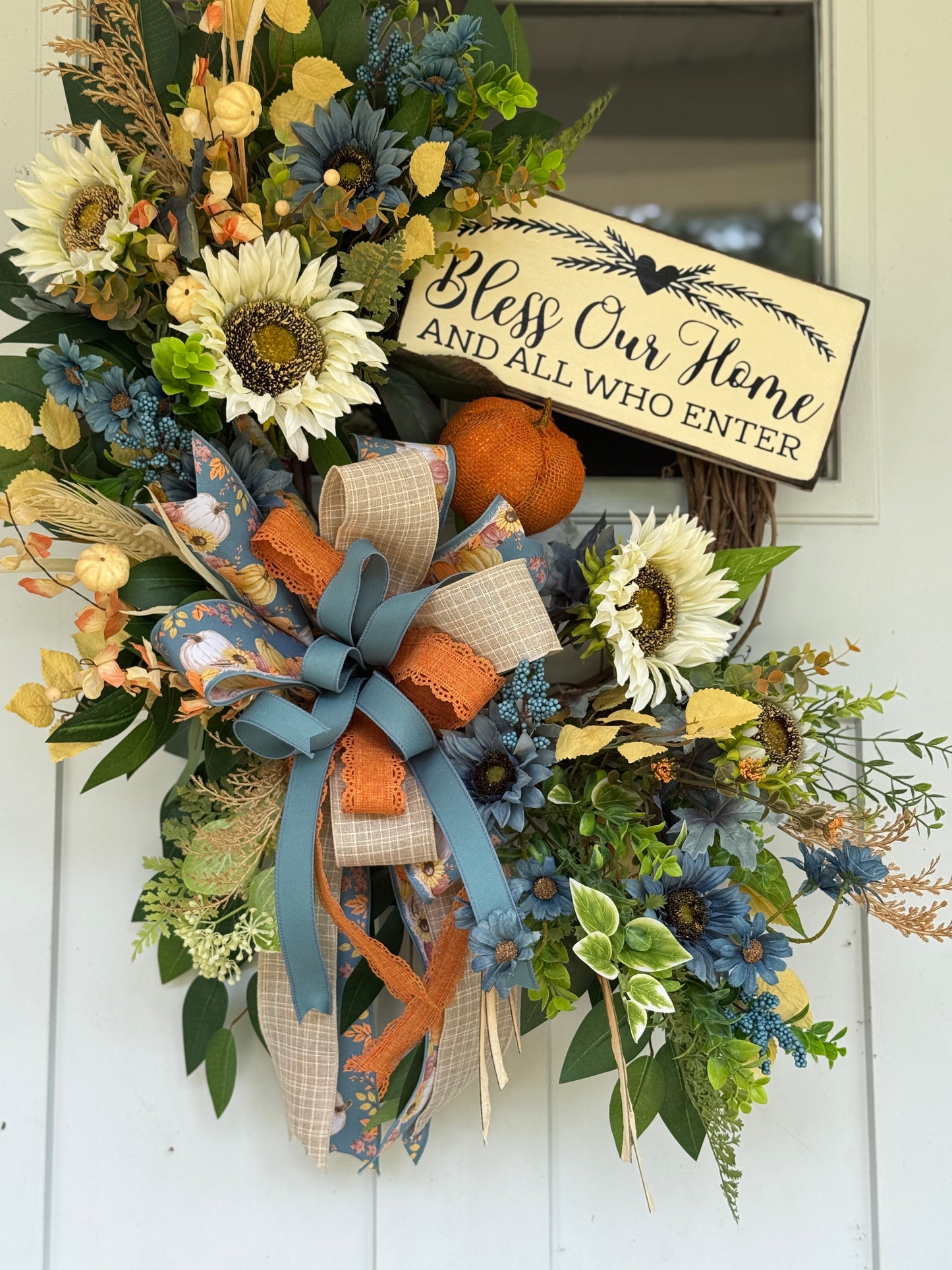 Floral Wreath with Sunflowers and Blue Accents