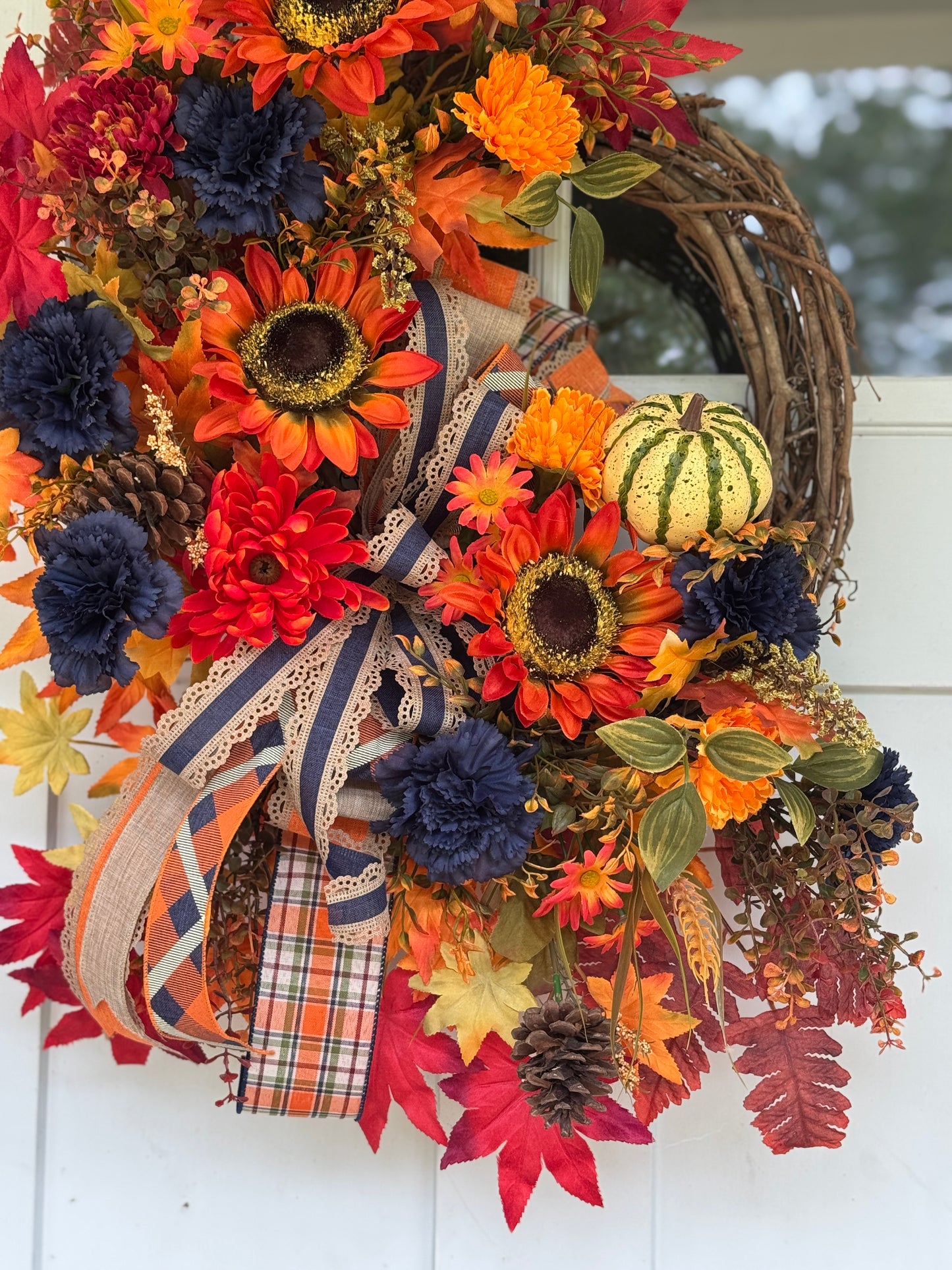 Orange and Navy Blue Autumn Floral Wreath