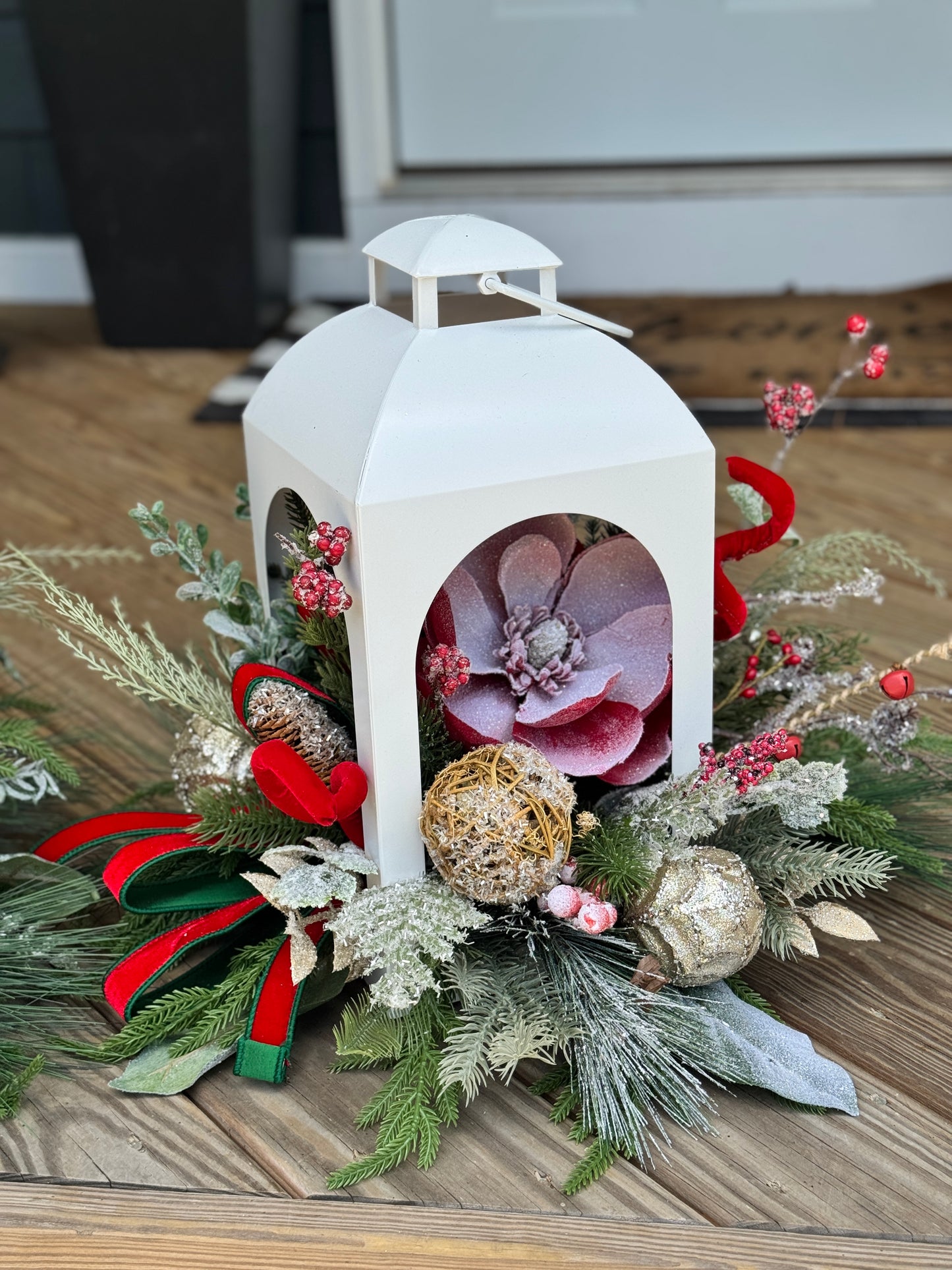 Small White Winter Lantern Floral Arrangement