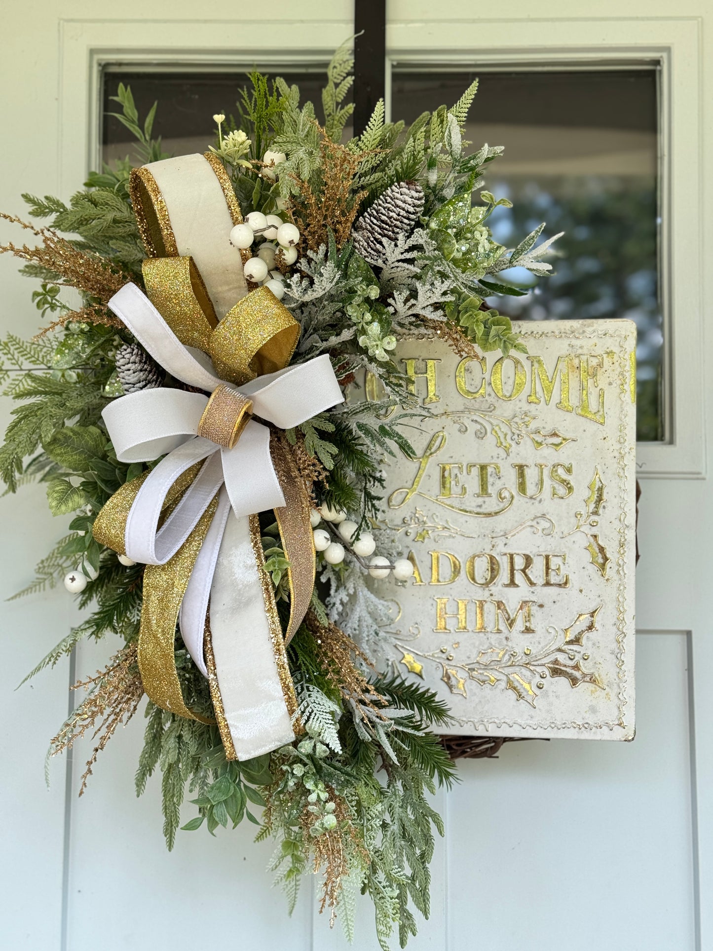 White & Gold Winter/Christmas “Adore Him” Wreath