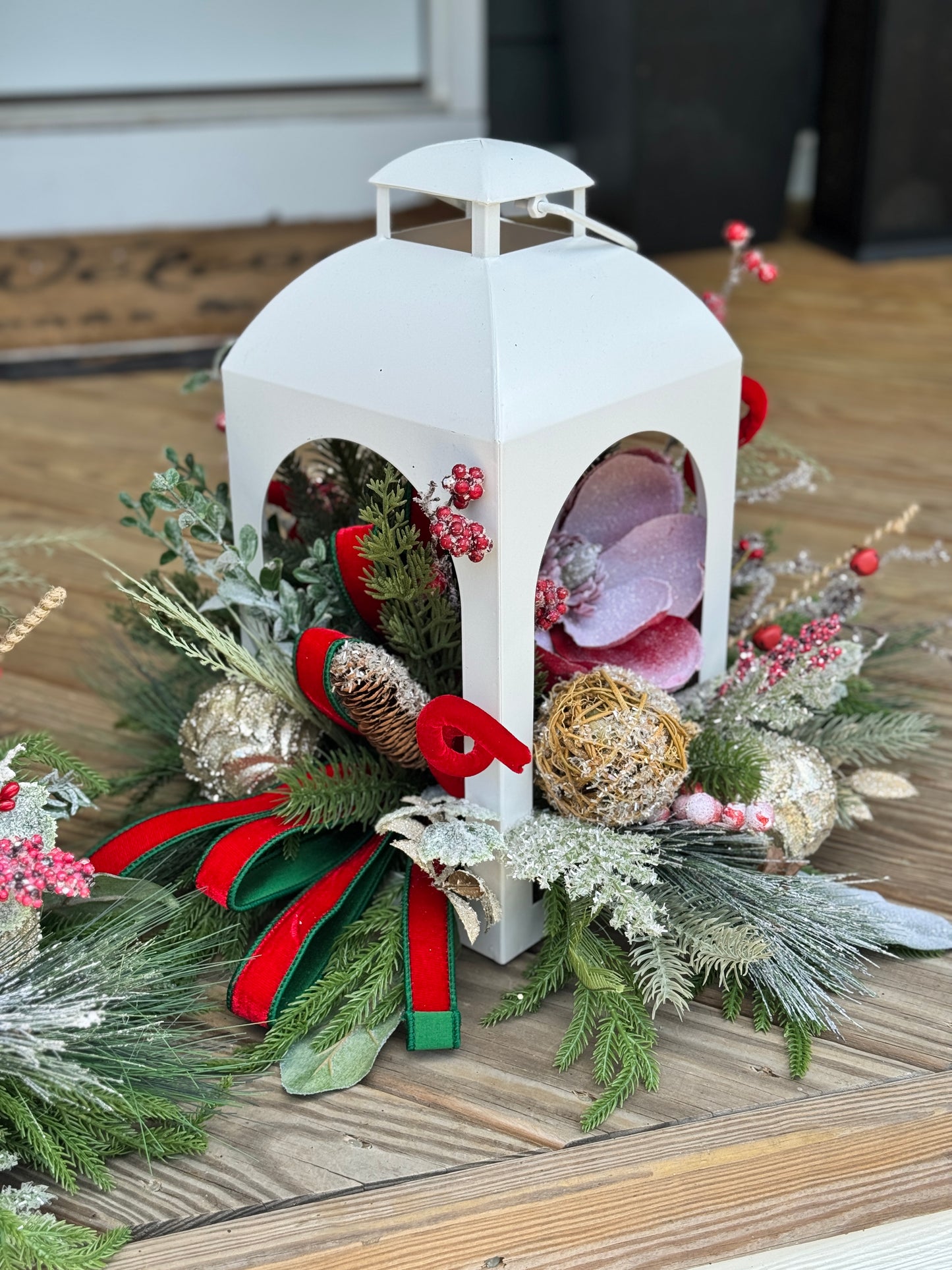 Small White Winter Lantern Floral Arrangement