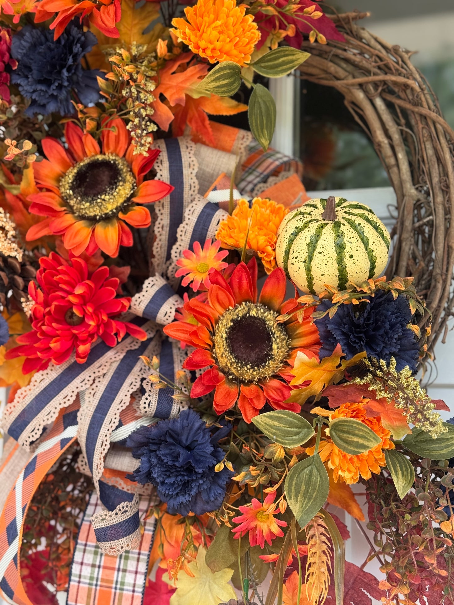 Orange and Navy Blue Autumn Floral Wreath