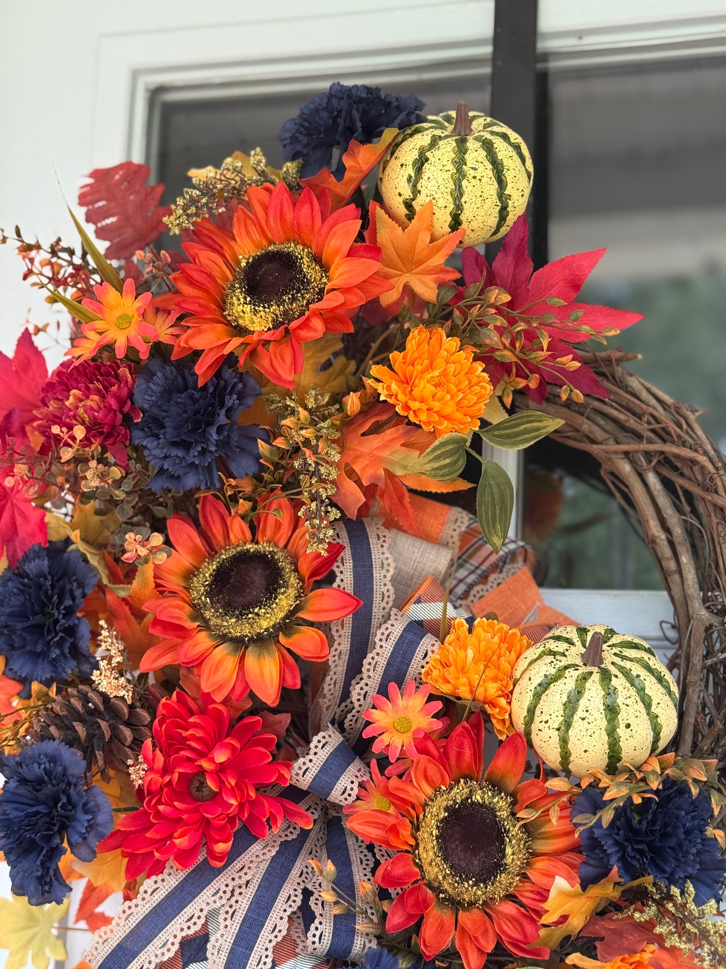 Orange and Navy Blue Autumn Floral Wreath