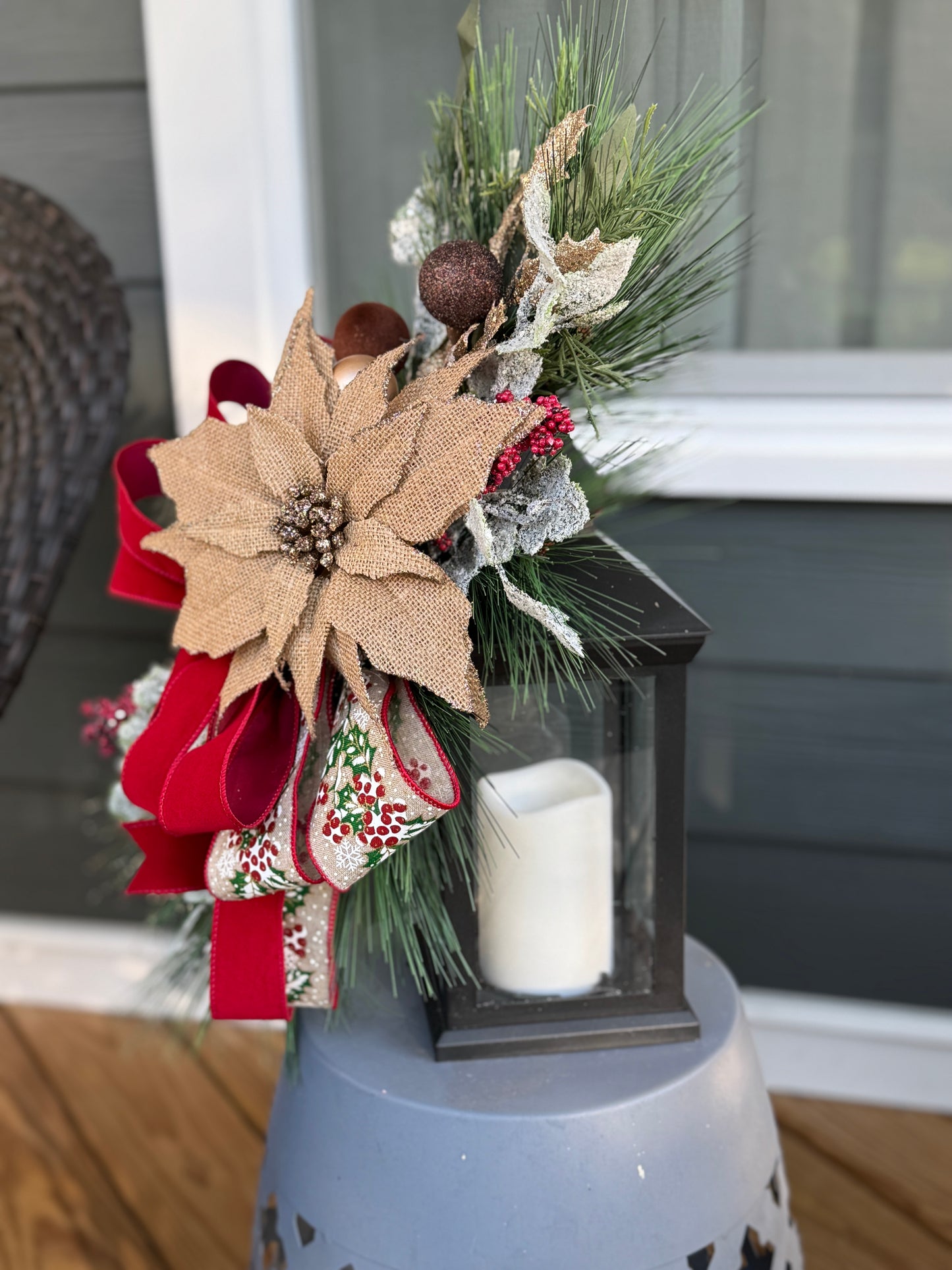 Burlap Poinsettia Lantern Decor