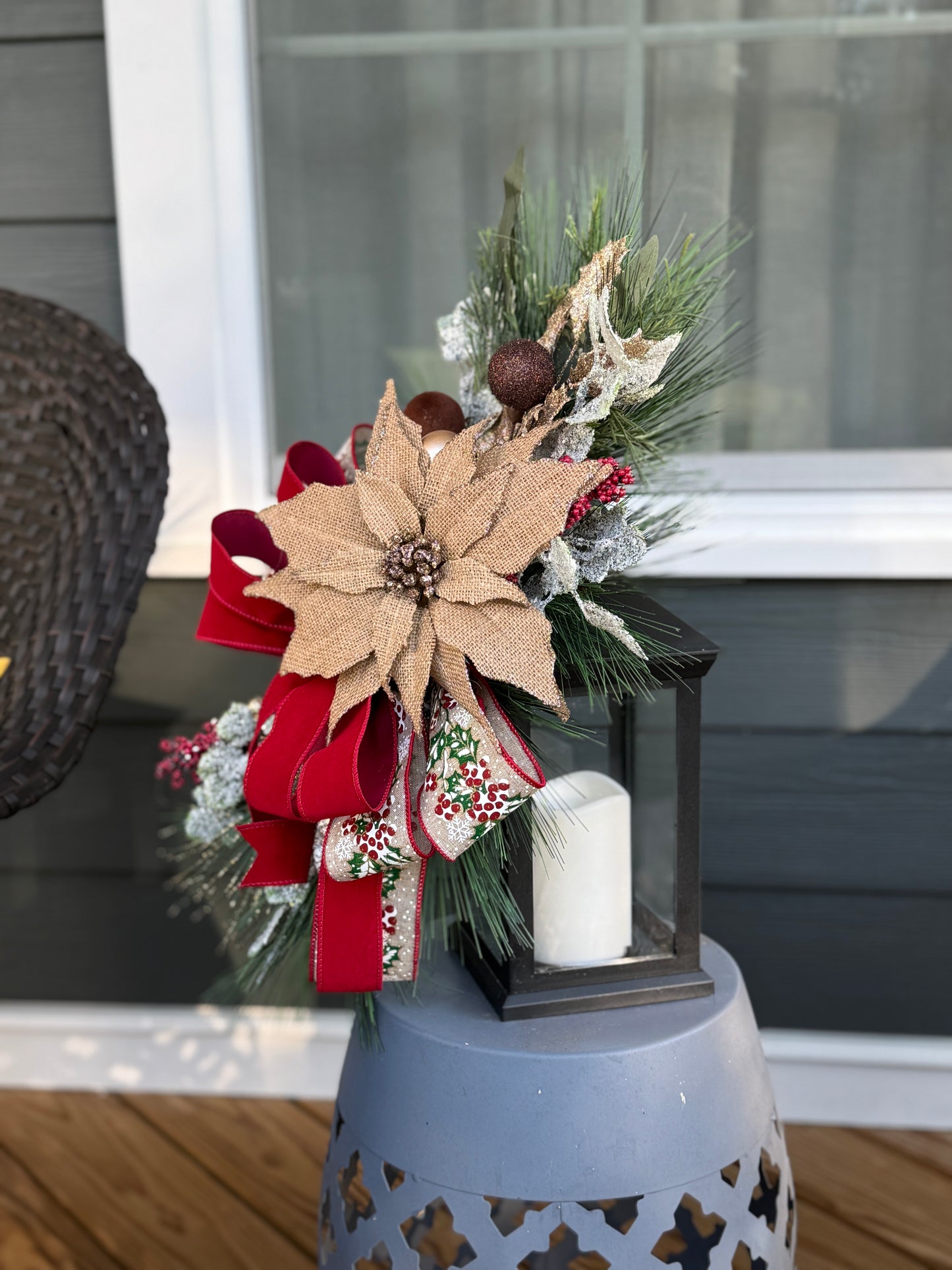 Burlap Poinsettia Lantern Decor