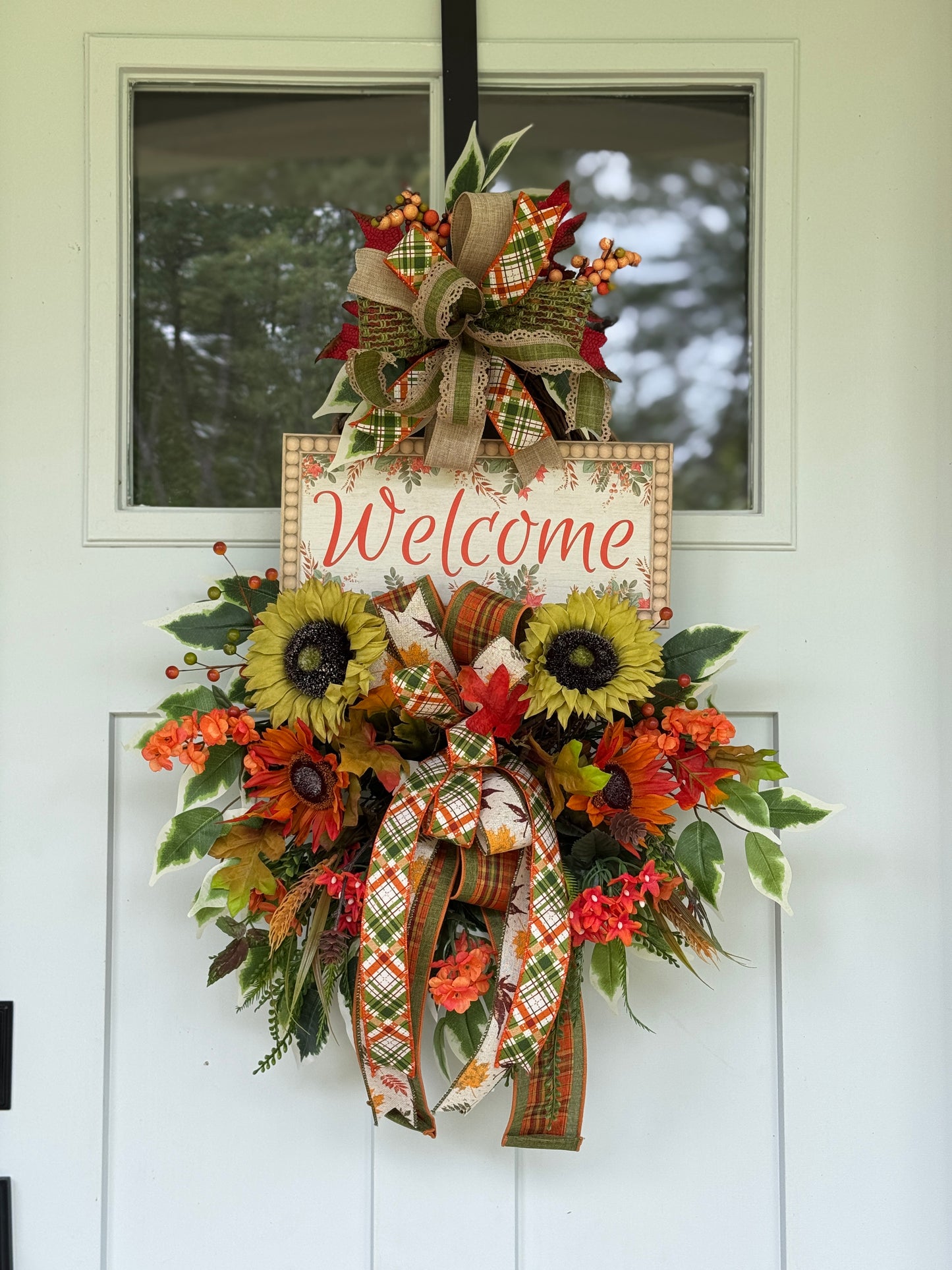 Autumn Welcome Door Wreath with Sunflowers and Plaid Ribbon