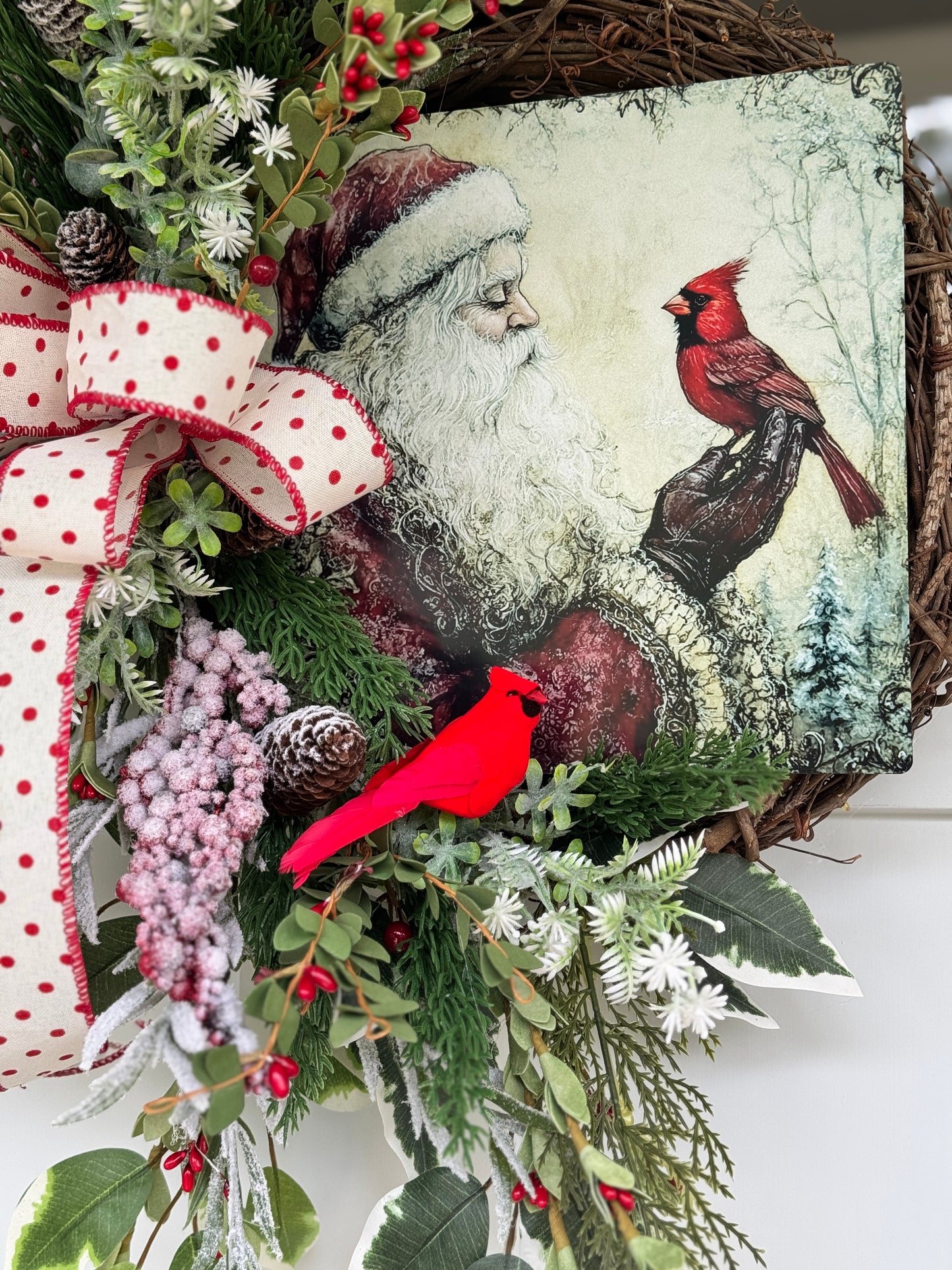 Vintage Inspired Santa and Cardinal Wreath