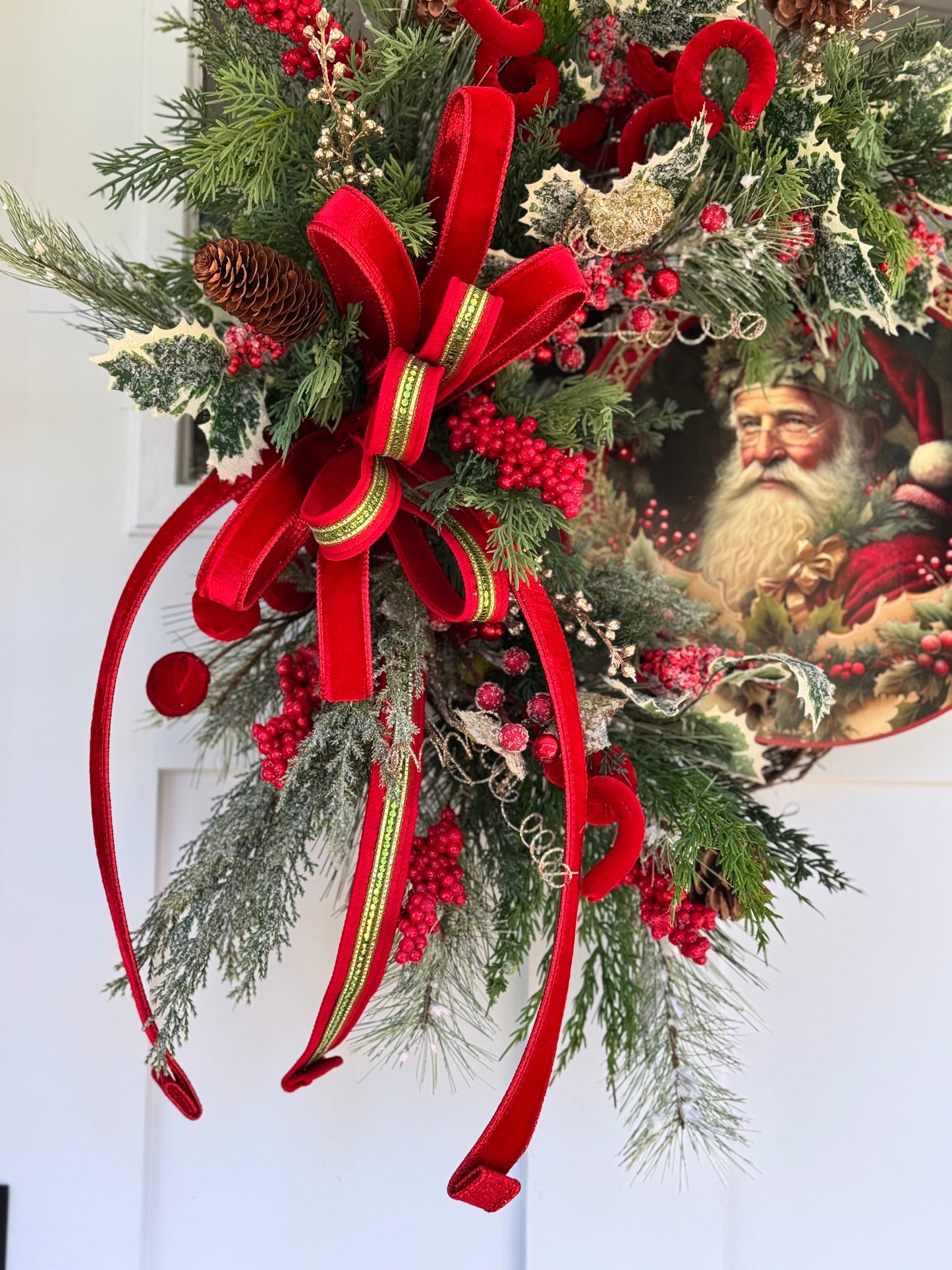 Vintage Inspired Santa Christmas Wreath Red and Gold