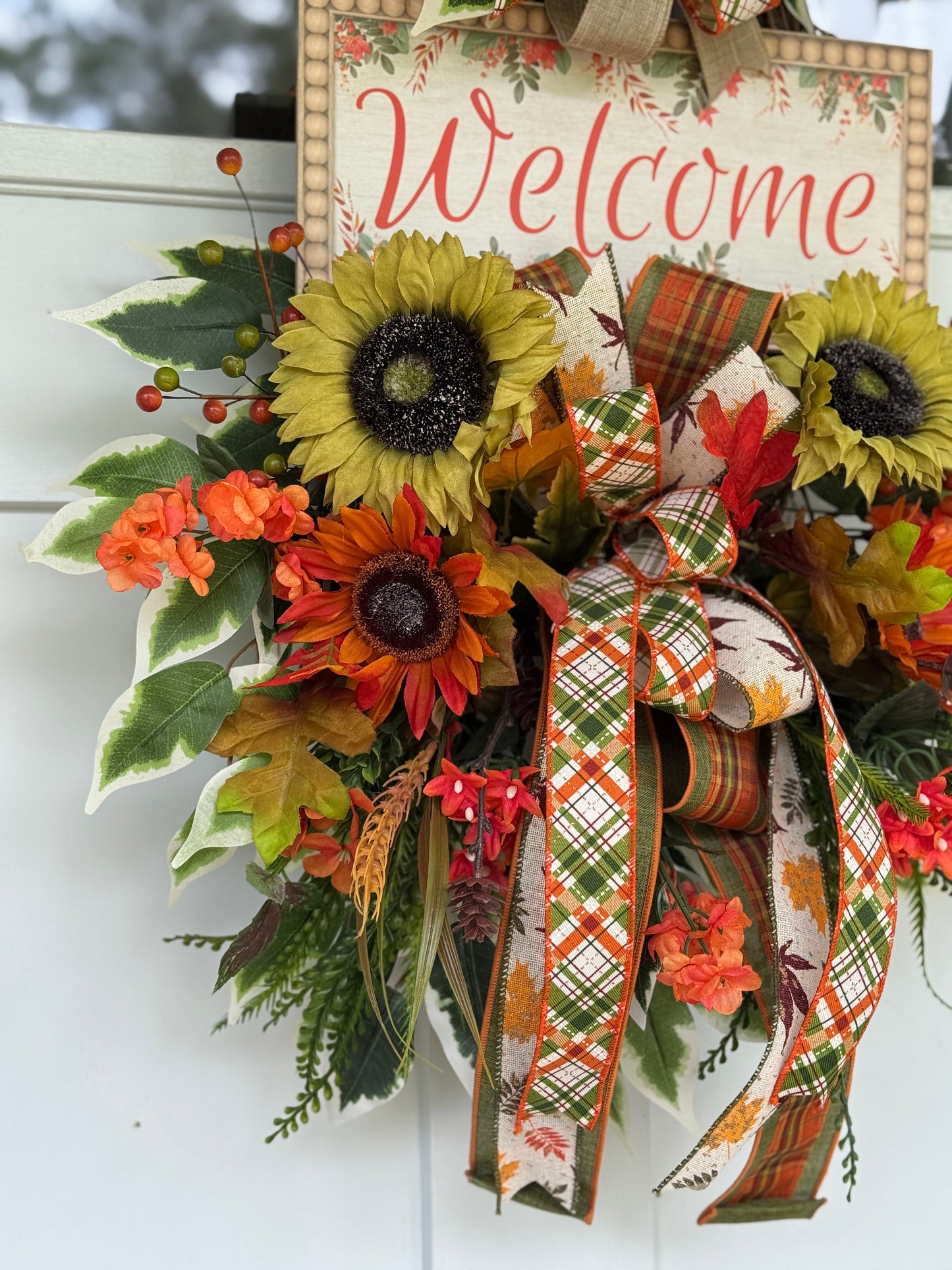 Autumn Welcome Door Wreath with Sunflowers and Plaid Ribbon