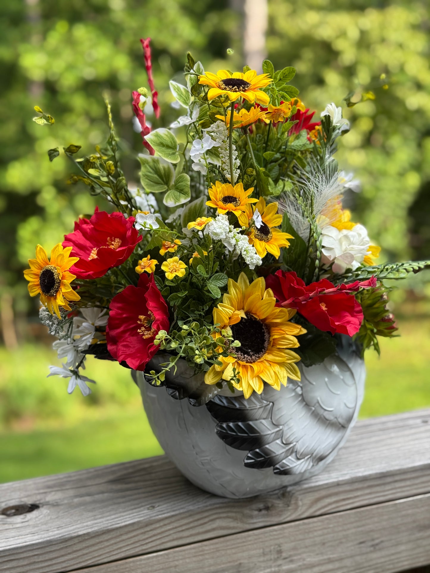 Colorful Rooster Planter with Floral Arrangement