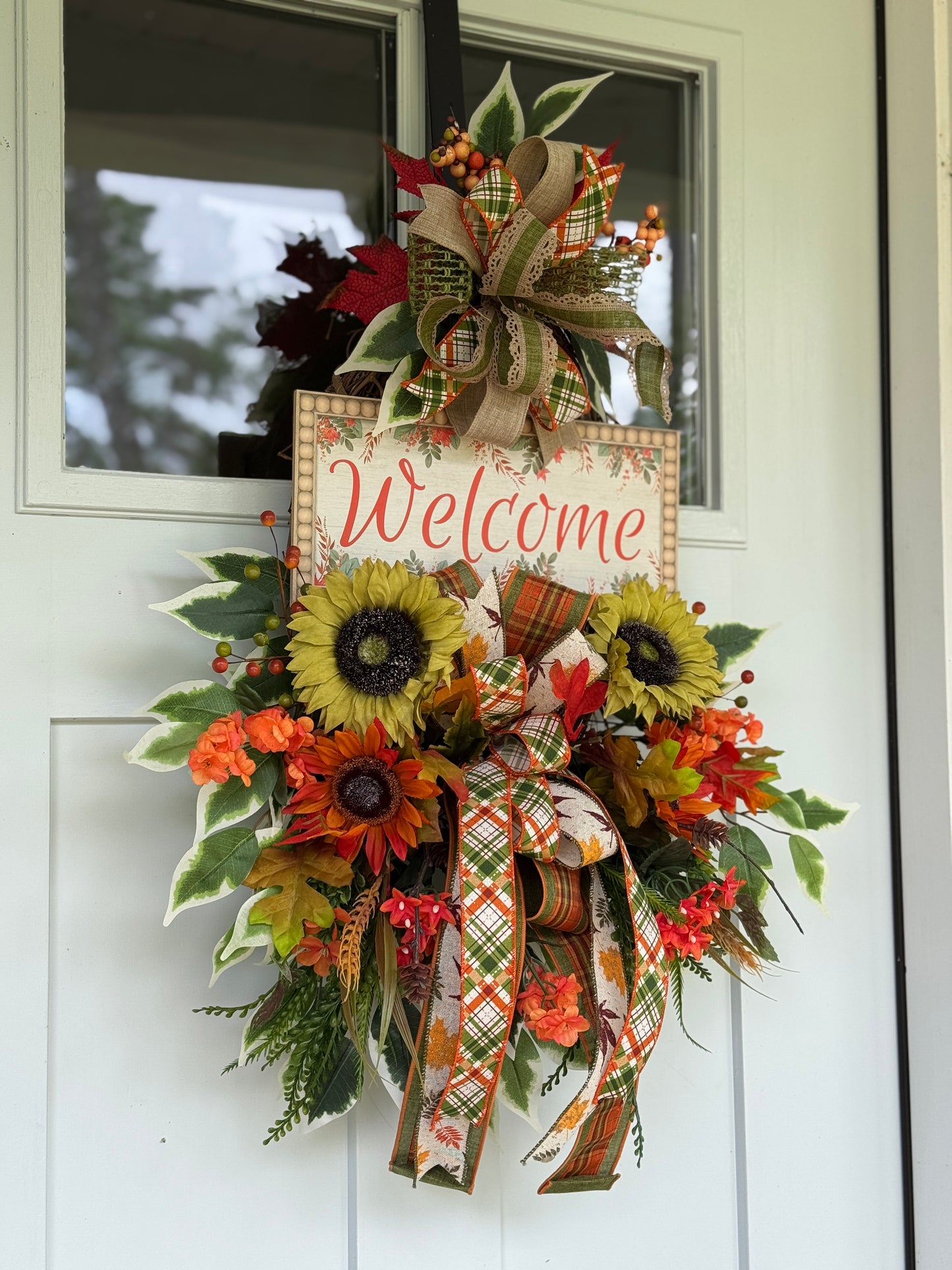 Autumn Welcome Door Wreath with Sunflowers and Plaid Ribbon