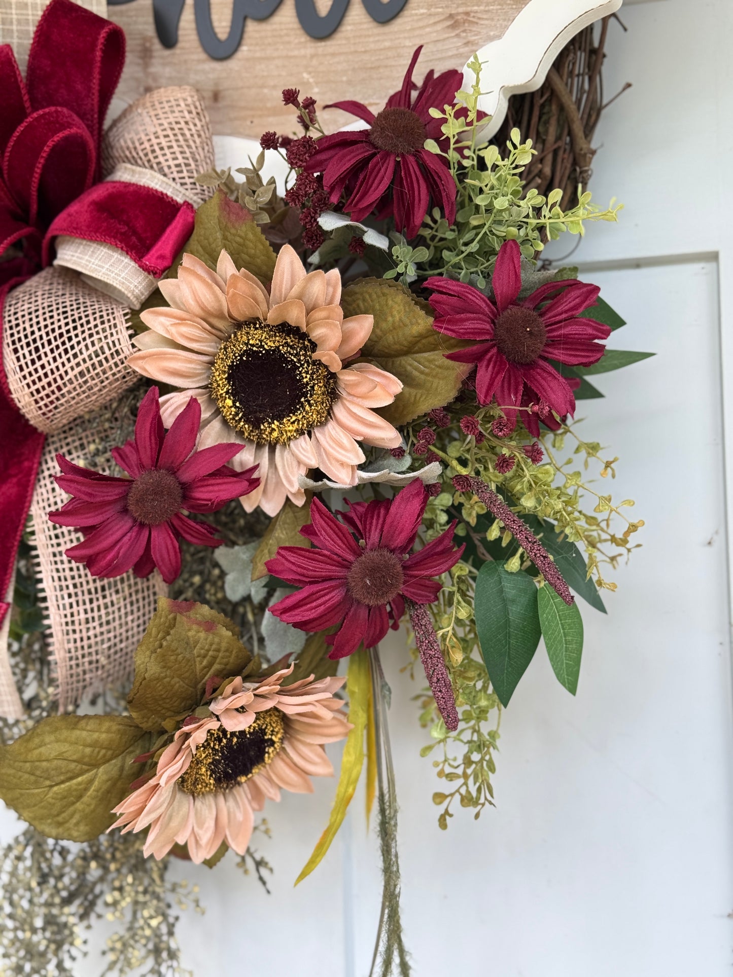 Festive Burgundy and Taupe Floral Wreath