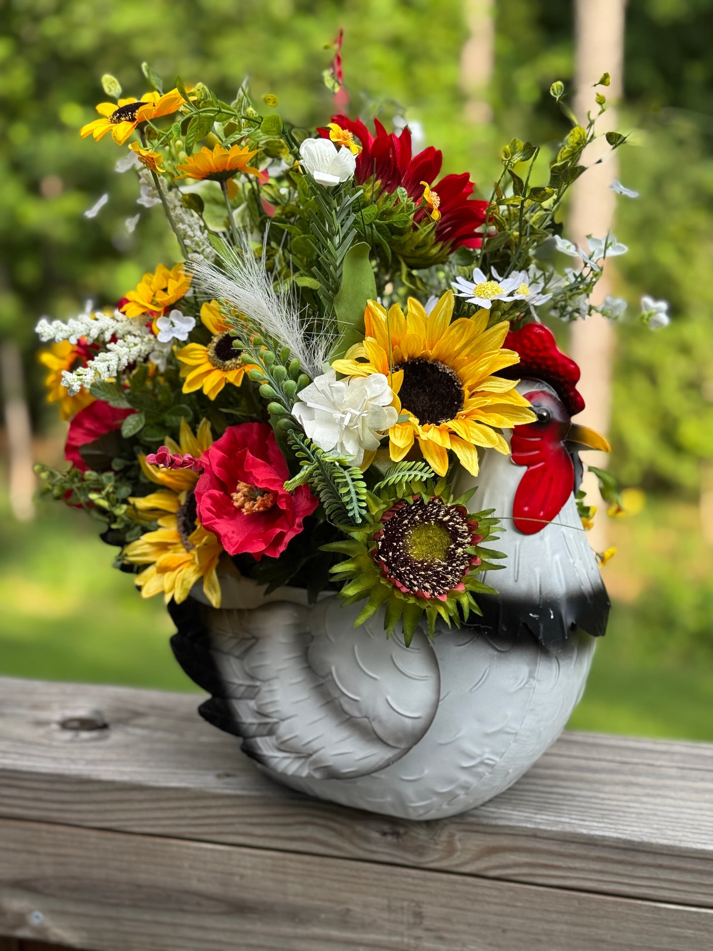 Colorful Rooster Planter with Floral Arrangement