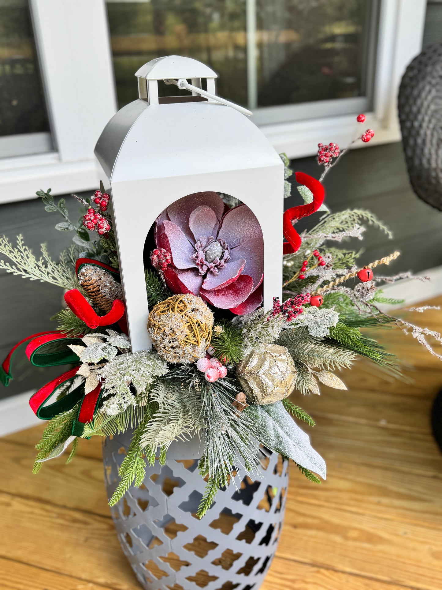 Small White Winter Lantern Floral Arrangement