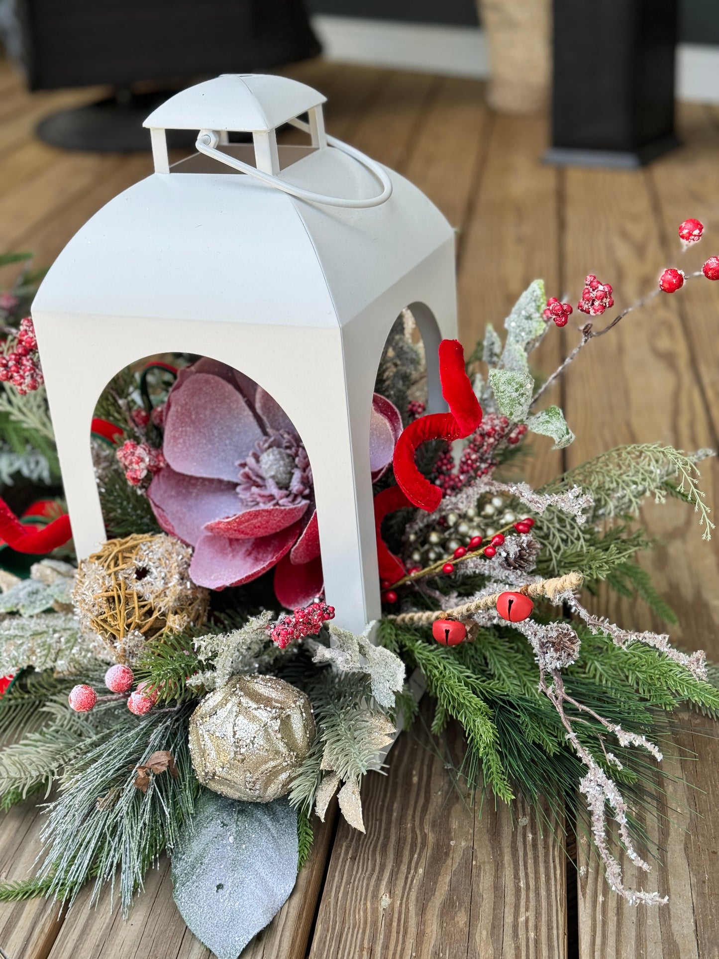 Small White Winter Lantern Floral Arrangement