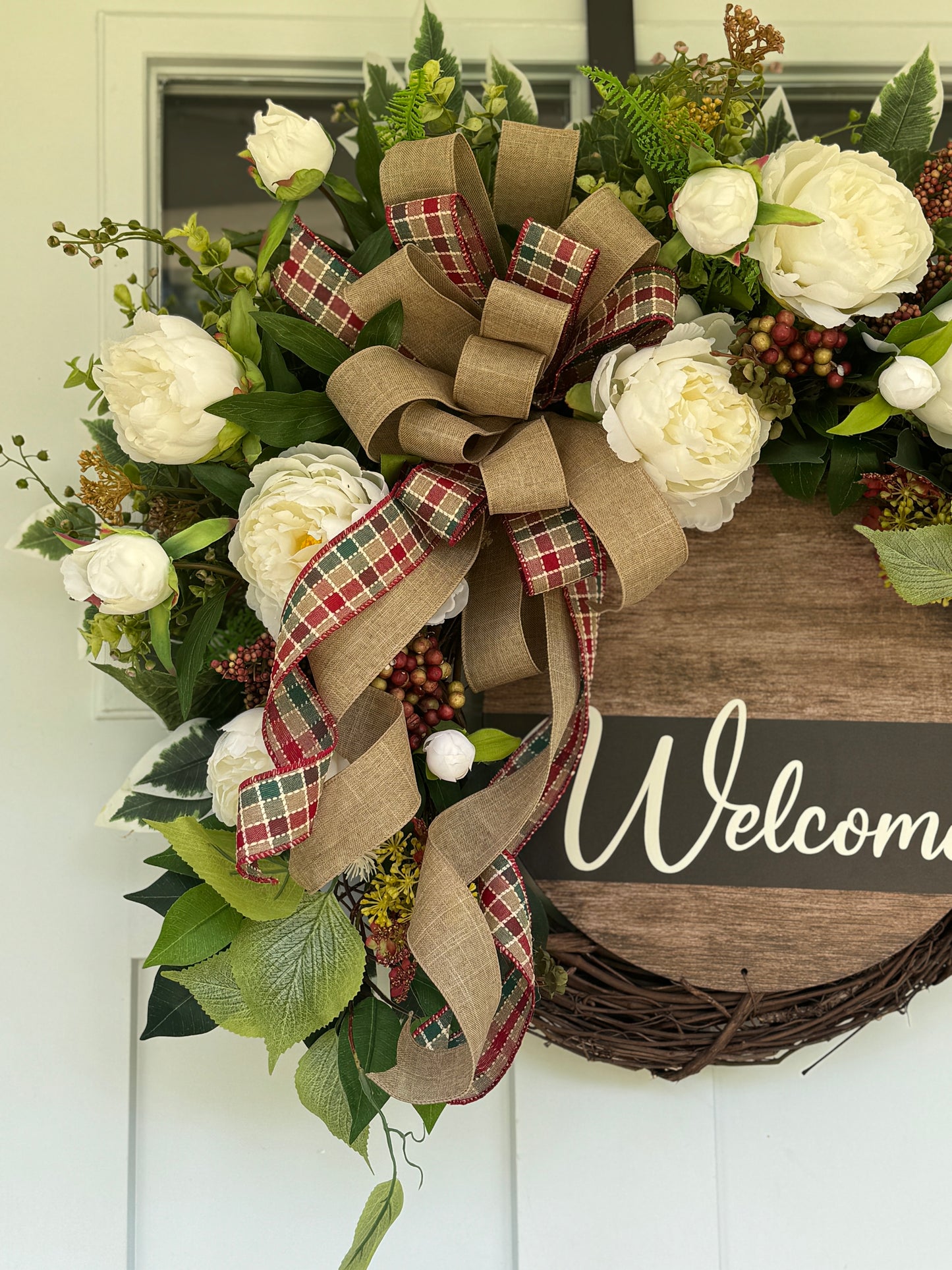 White Peony Neutral Welcome Wreath