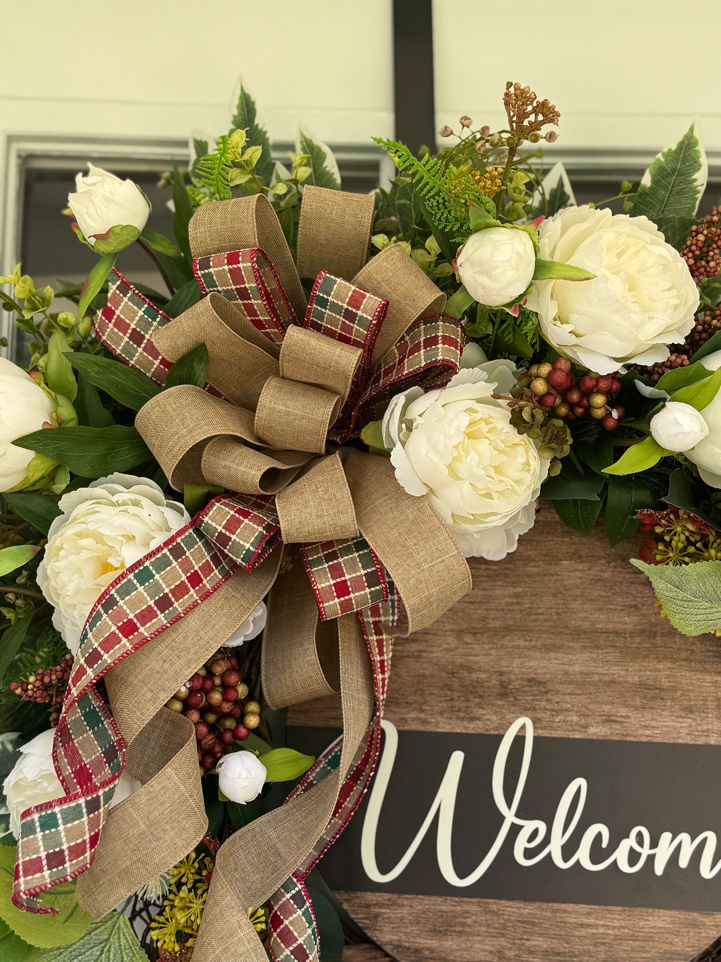 White Peony Neutral Welcome Wreath