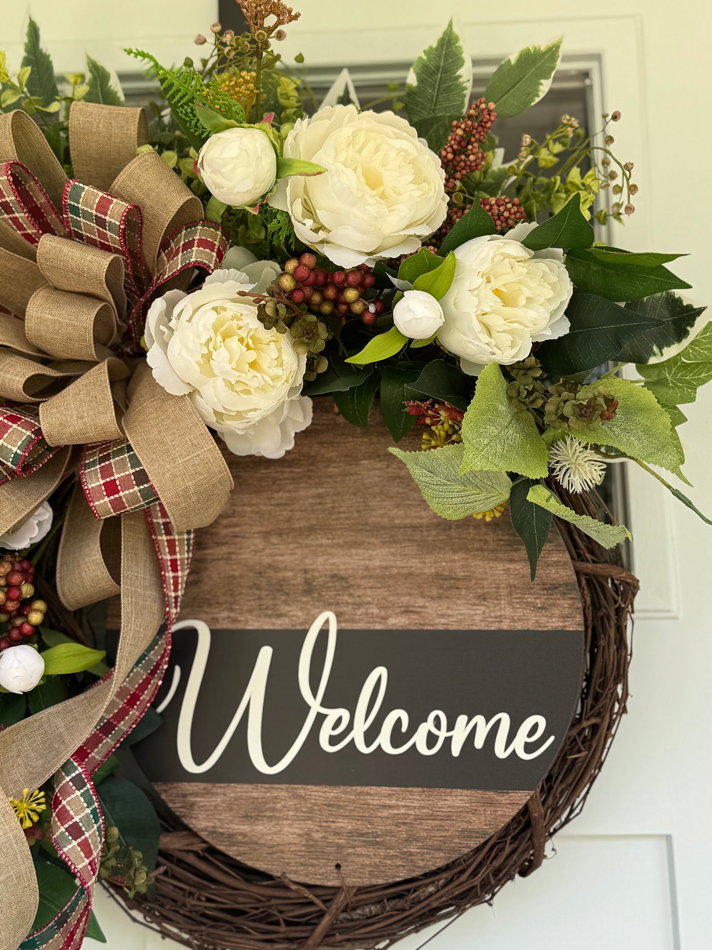 White Peony Neutral Welcome Wreath