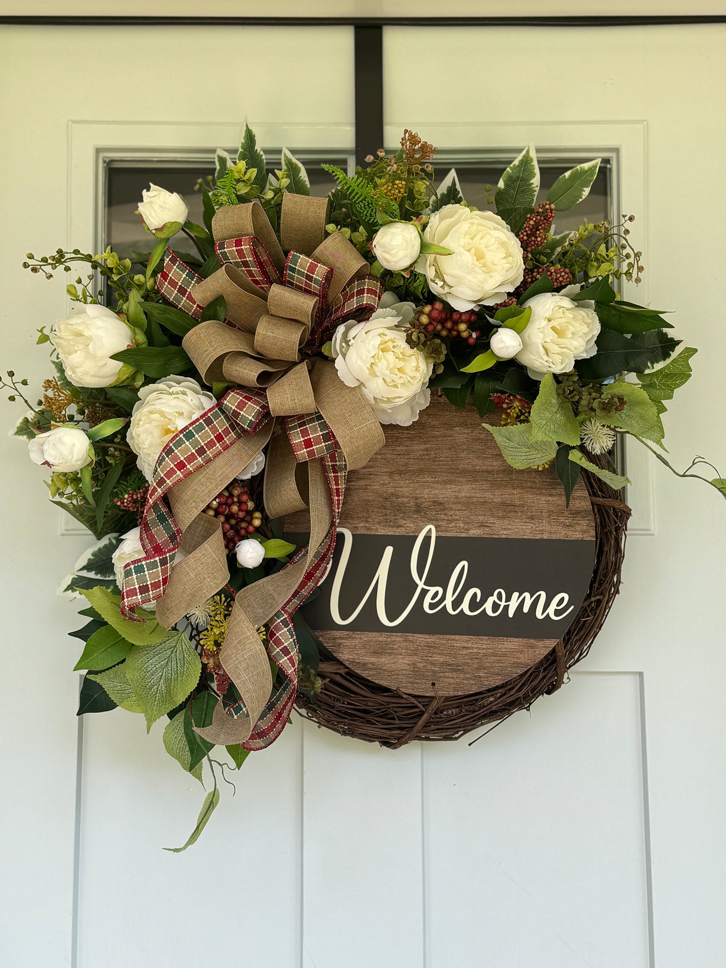 White Peony Neutral Welcome Wreath