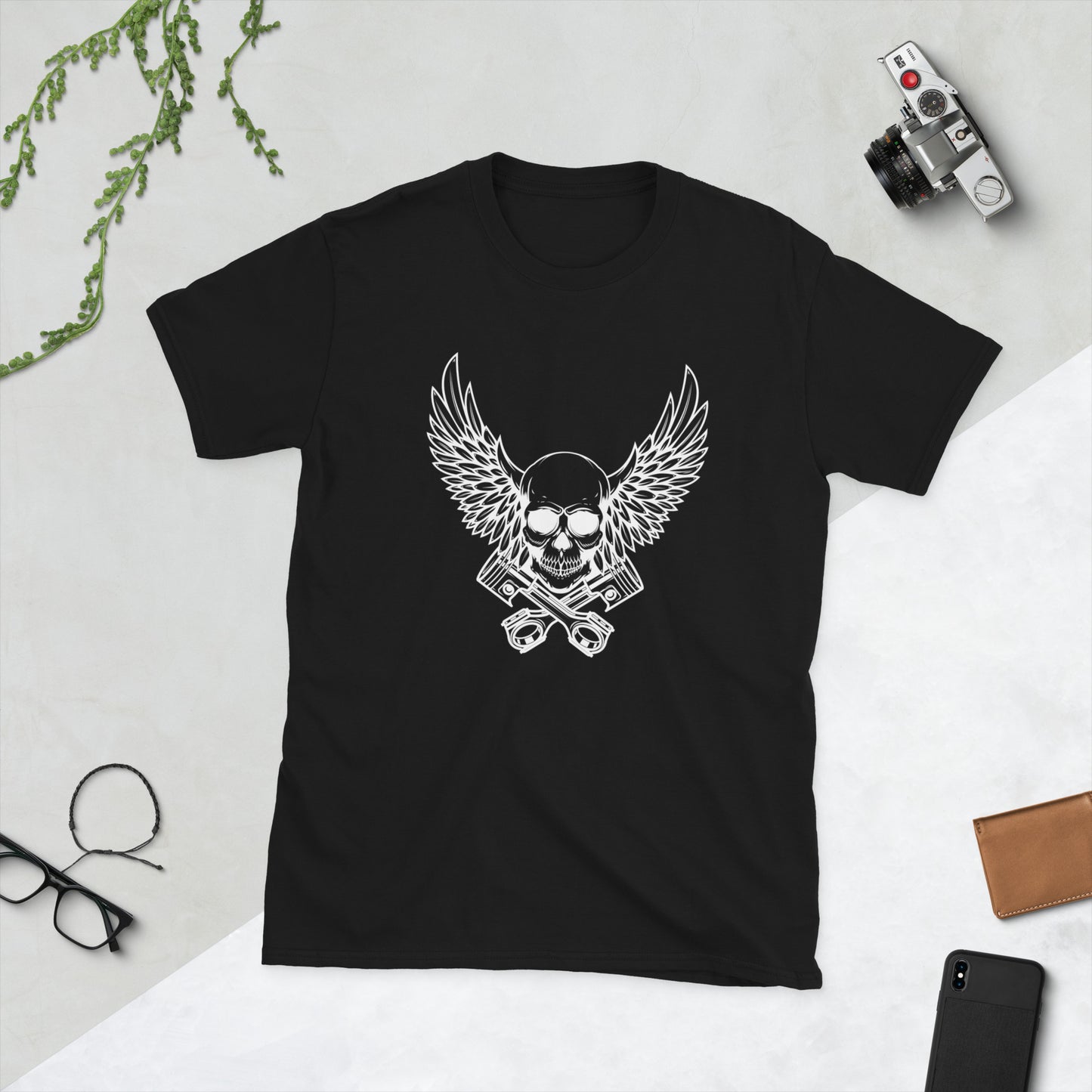 Skull with wings and crossed pistons Short-Sleeve Unisex T-Shirt
