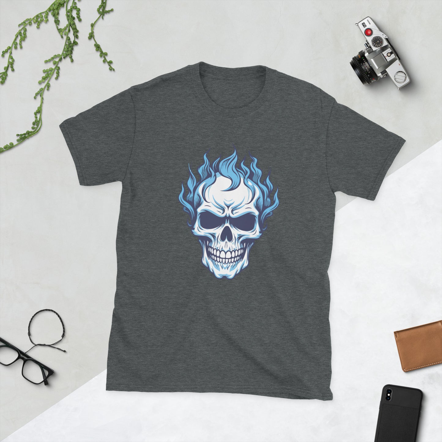 Skull with blue flames Short-Sleeve Unisex T-Shirt