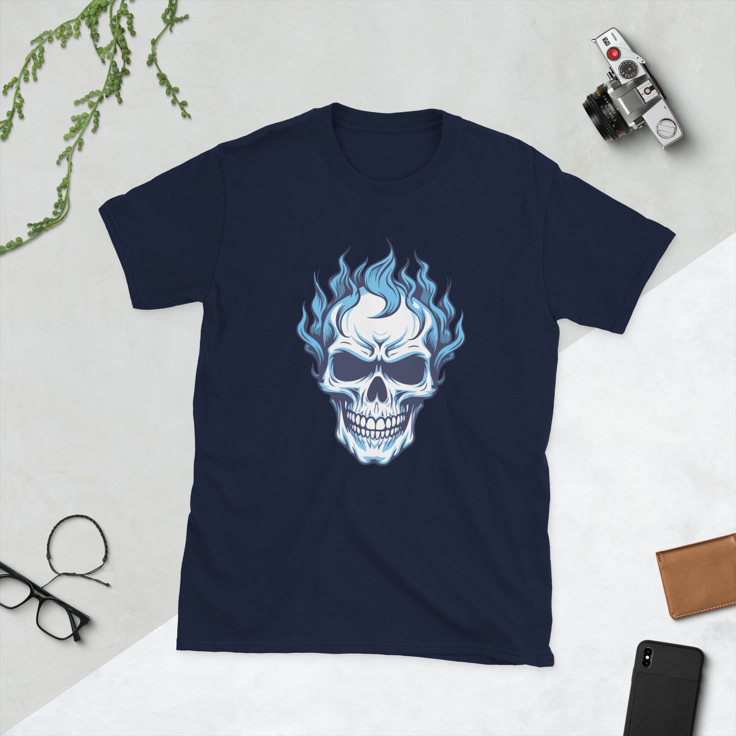 Skull with blue flames Short-Sleeve Unisex T-Shirt